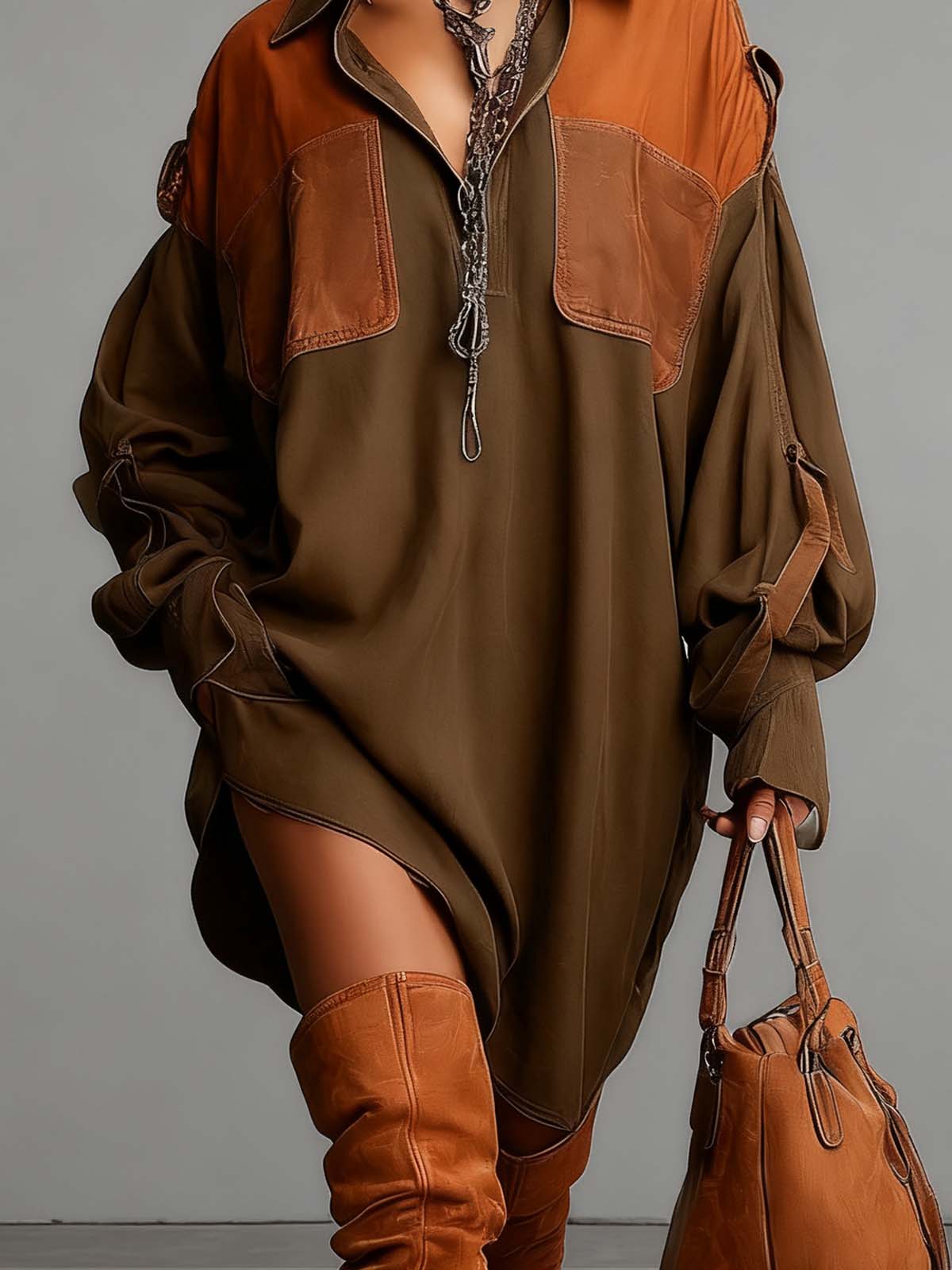 Olive Green Suede And PU Leather Patchwork Loose Mini Skirt