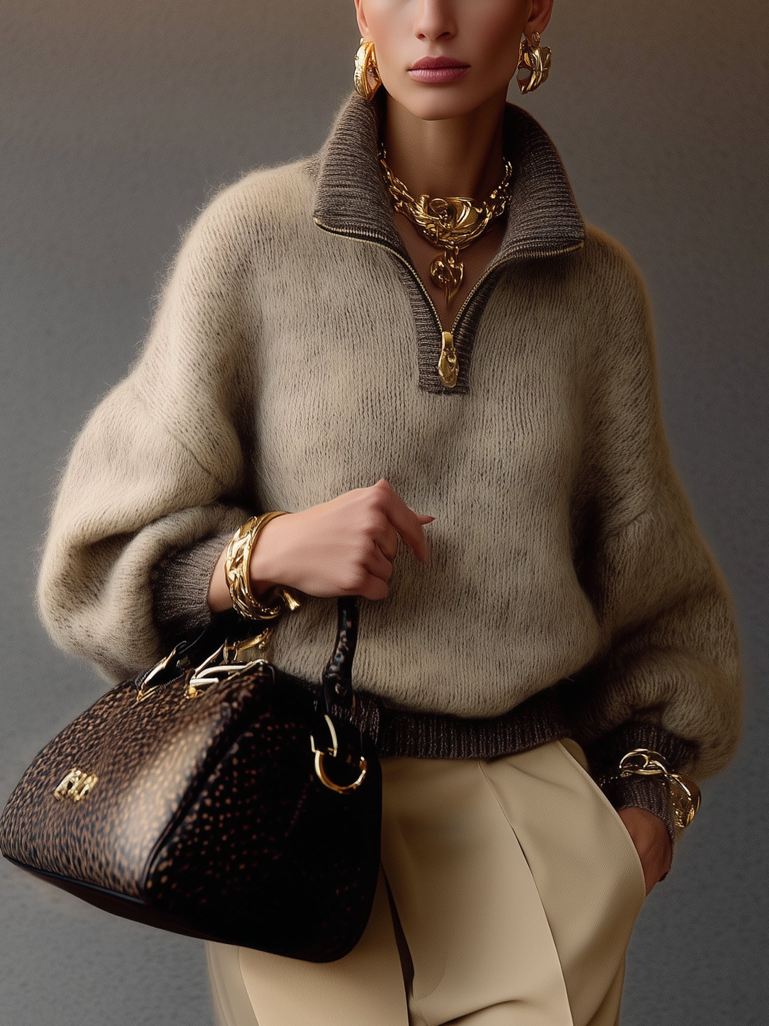 Ombre Taupe Mohair Half Zip Pullover Sweater