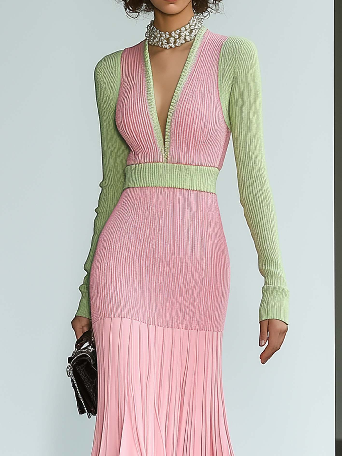 Pink Knitted Maxi Dress With Patchwork Hem And Green Trim