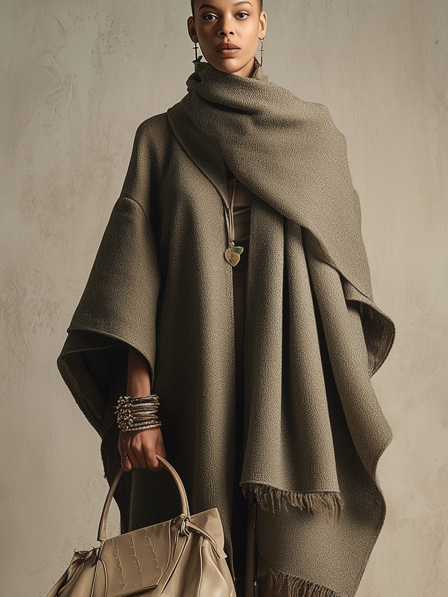 Green Loose Fitting Wool Blend Coat No Scarf