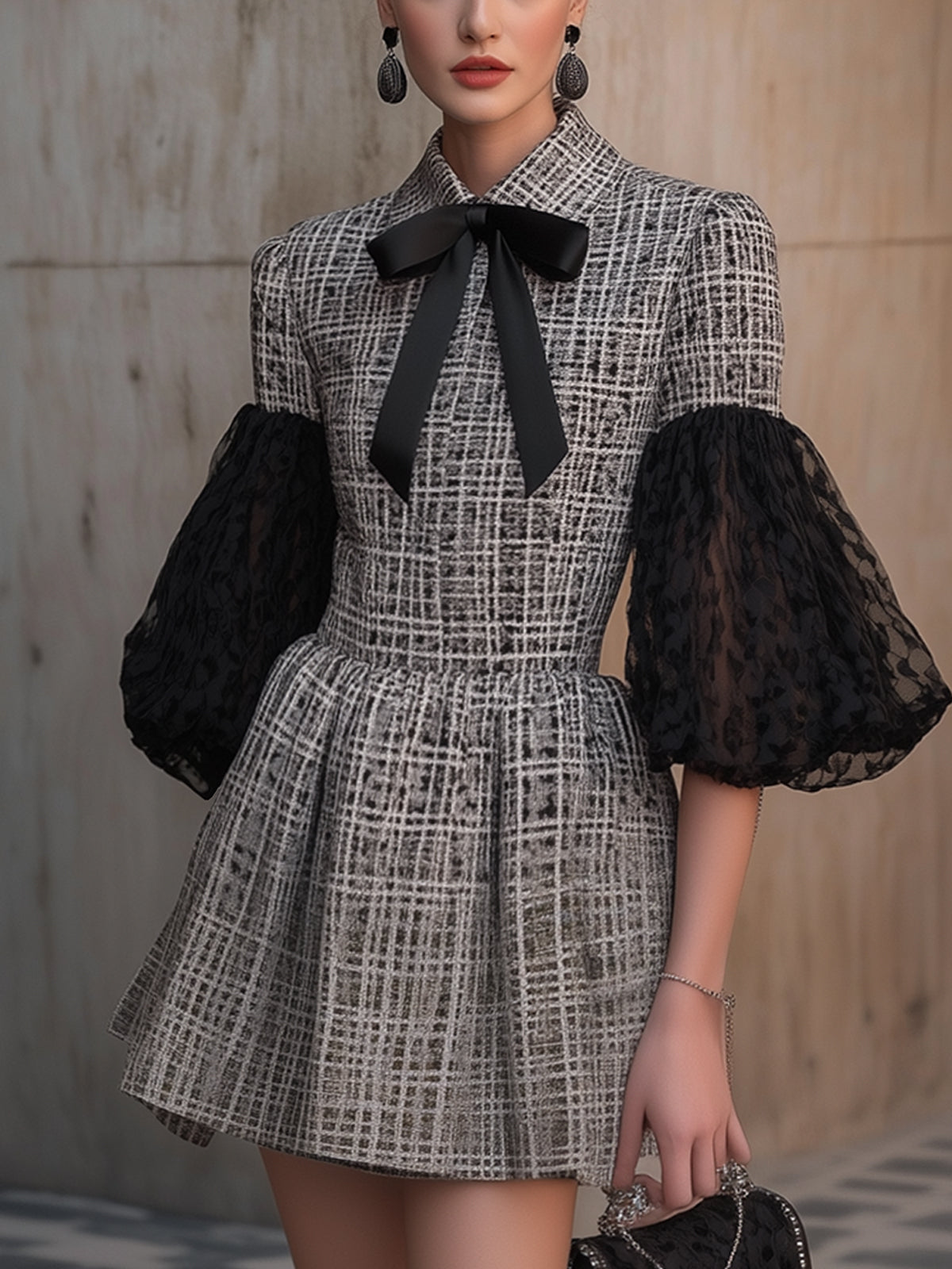 Gray Plaid Puff-Sleeve Bow Tie Mini Dress