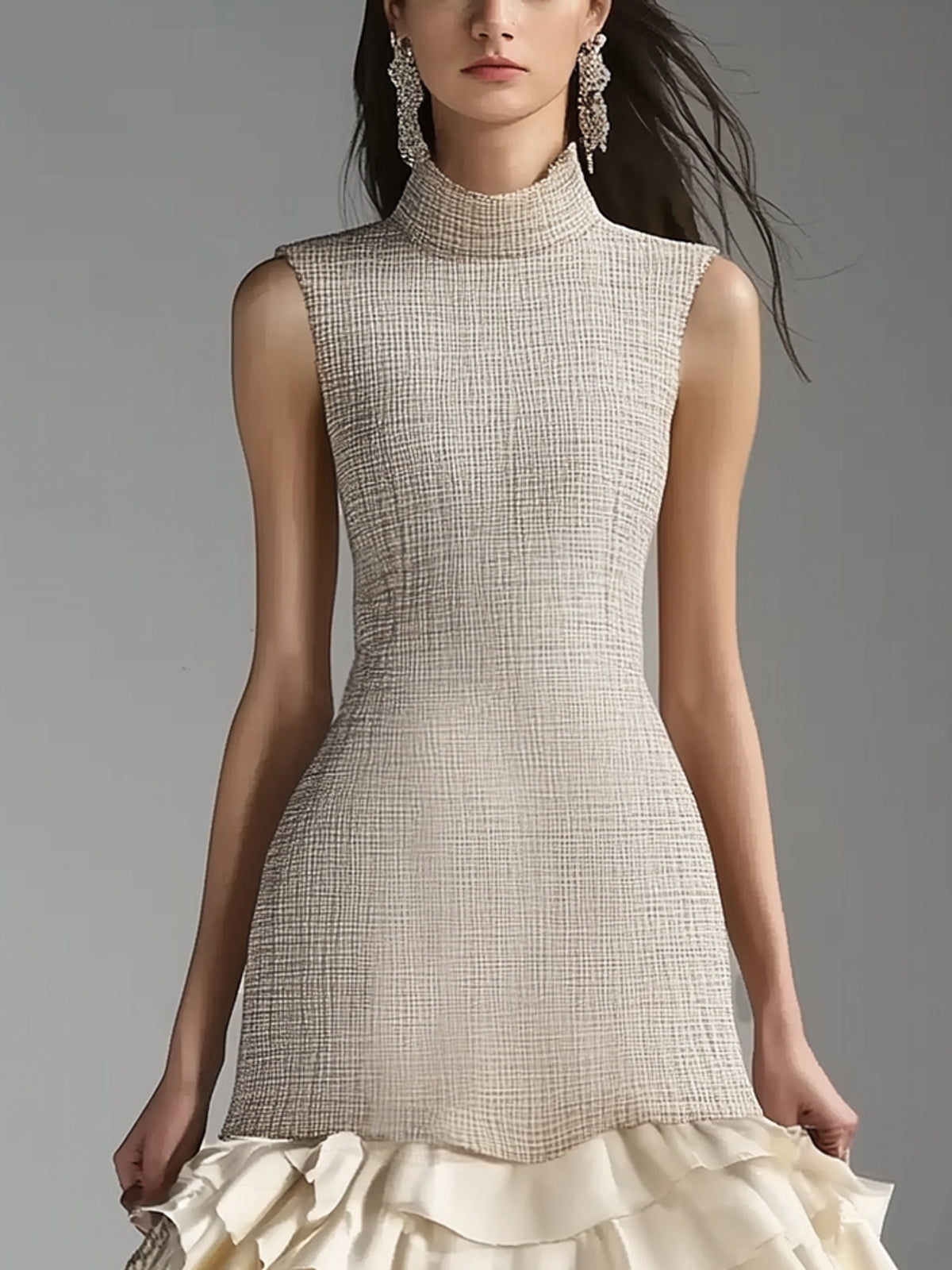 White Tweed Textured Ruffle Hem Turtleneck Sleeveless Knee Length Dress