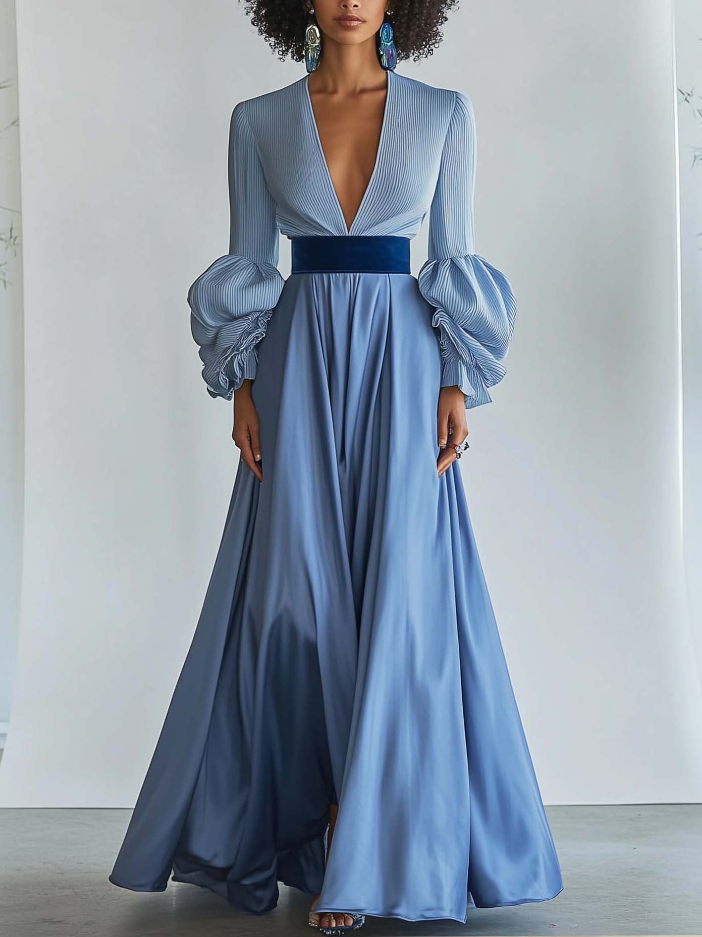 Blue Patchwork Maxi Dress With Balloon Sleeves