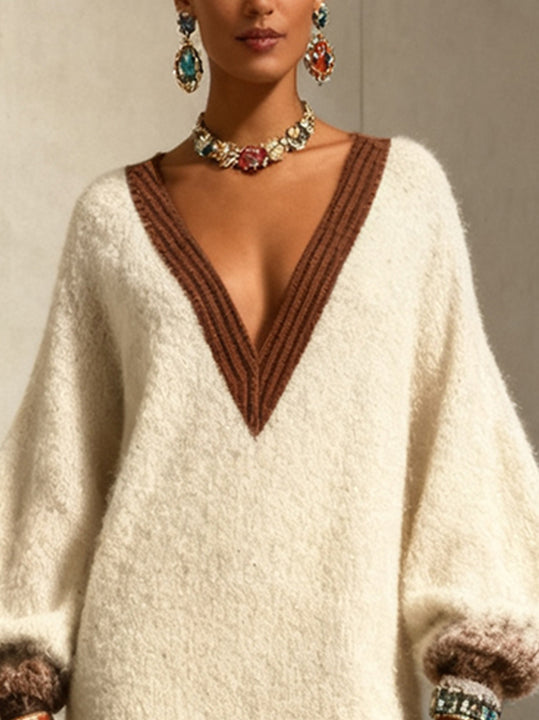 White And Brown Knit Sweater Dress With Balloon Sleeves