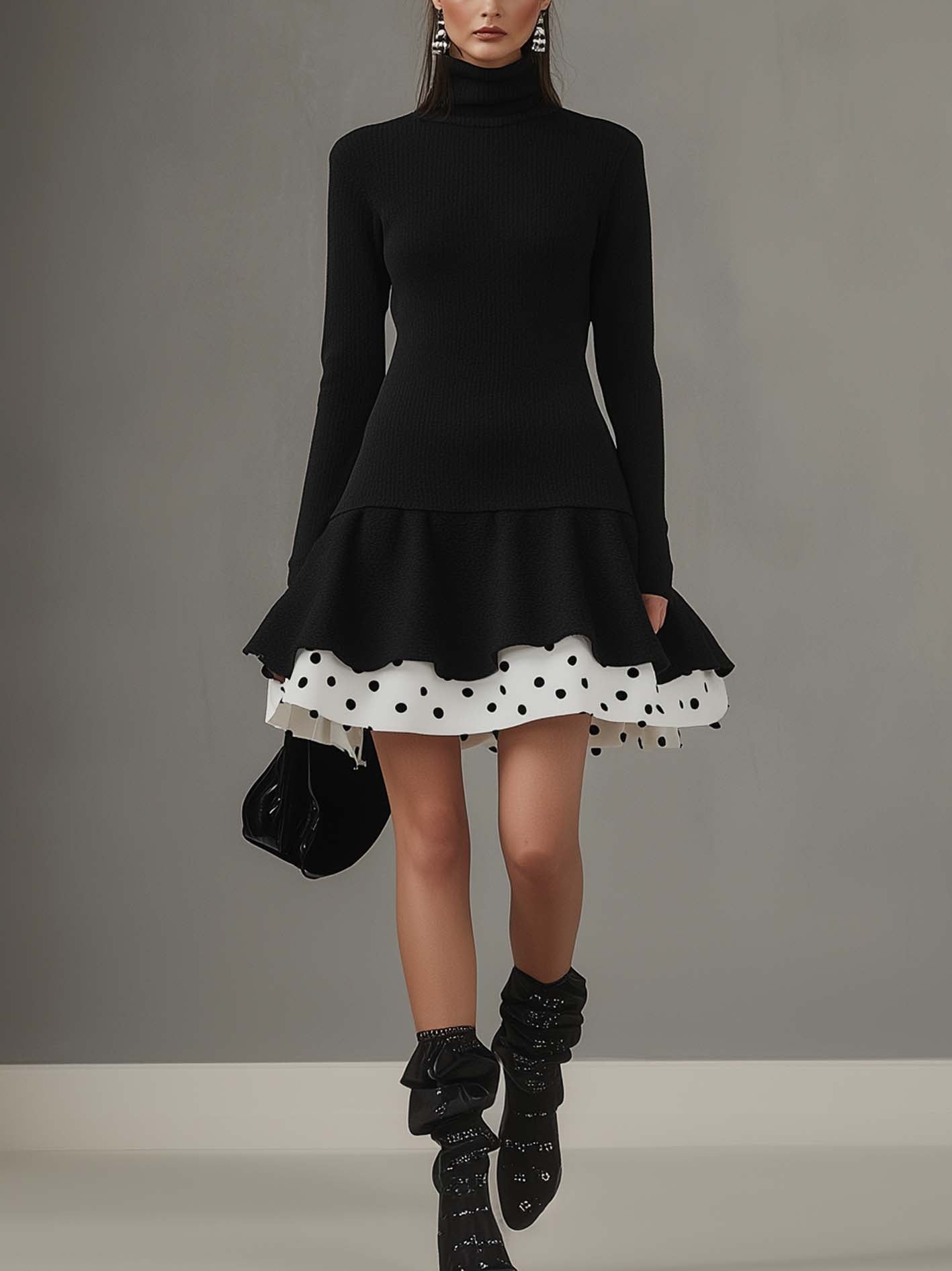 Black Mini Sweater Dress With Polka Dot Ruffles