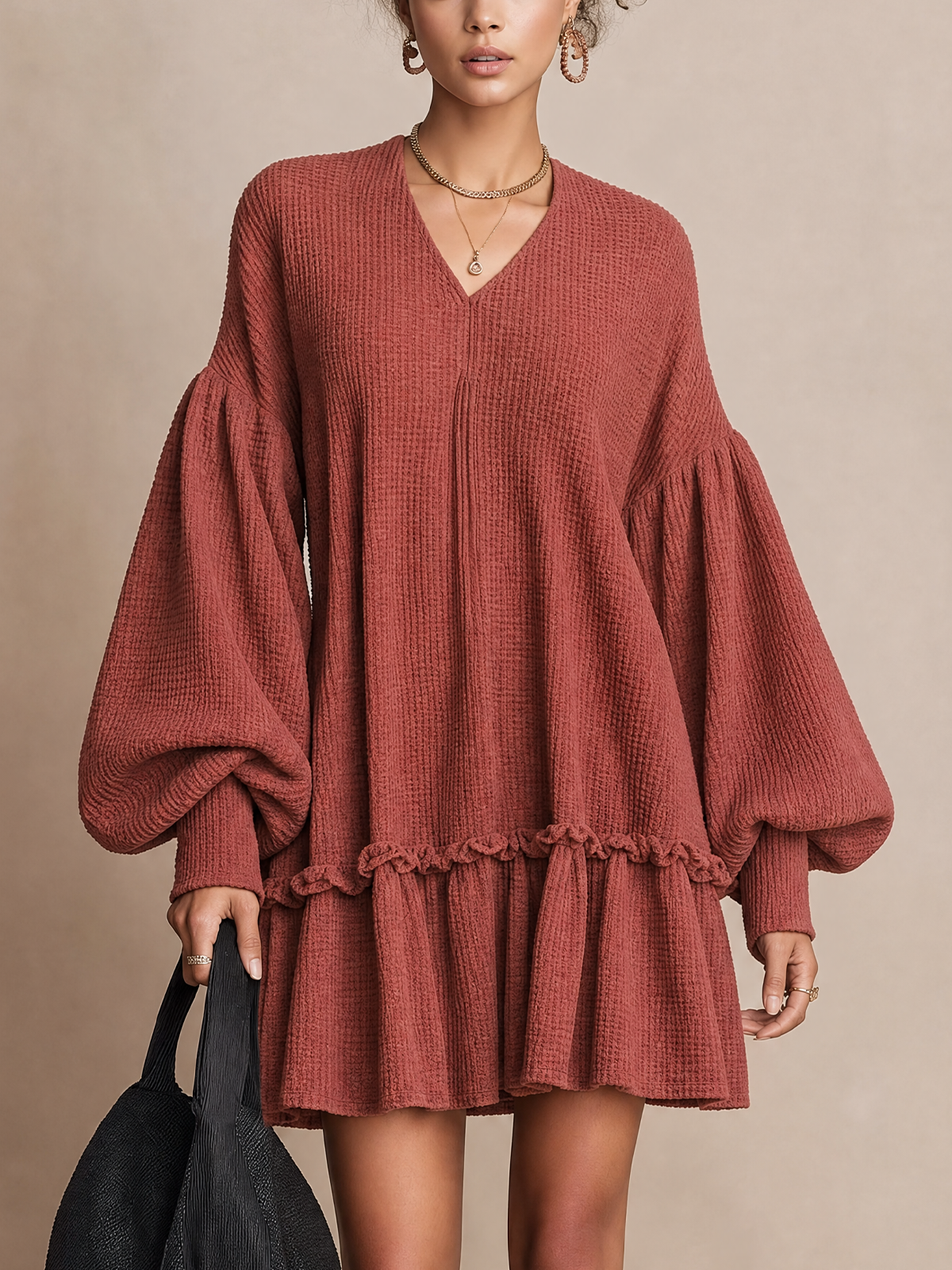 Rust Waffle Knit V‑Neck Balloon Sleeve Ruffle Tiered Mini Dress