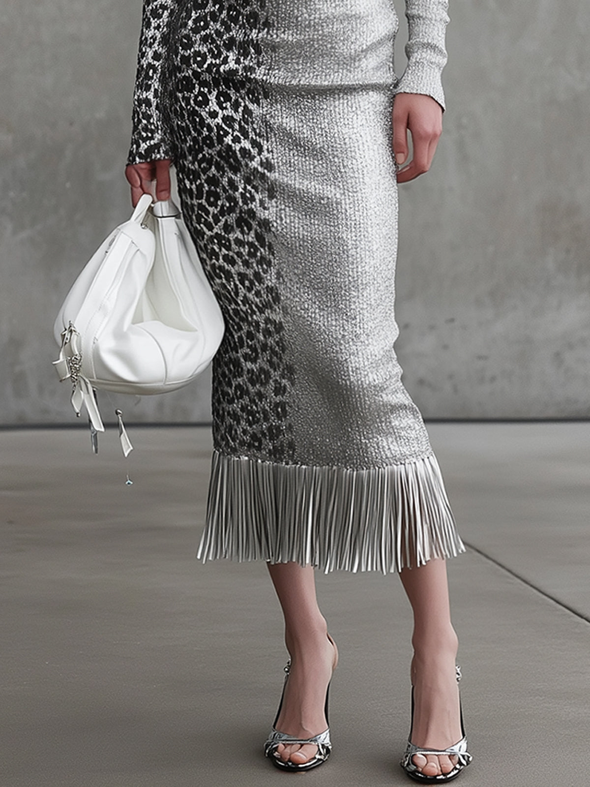 Silver Leopard Contrast Long Sleeve Fringe Bodycon Dress