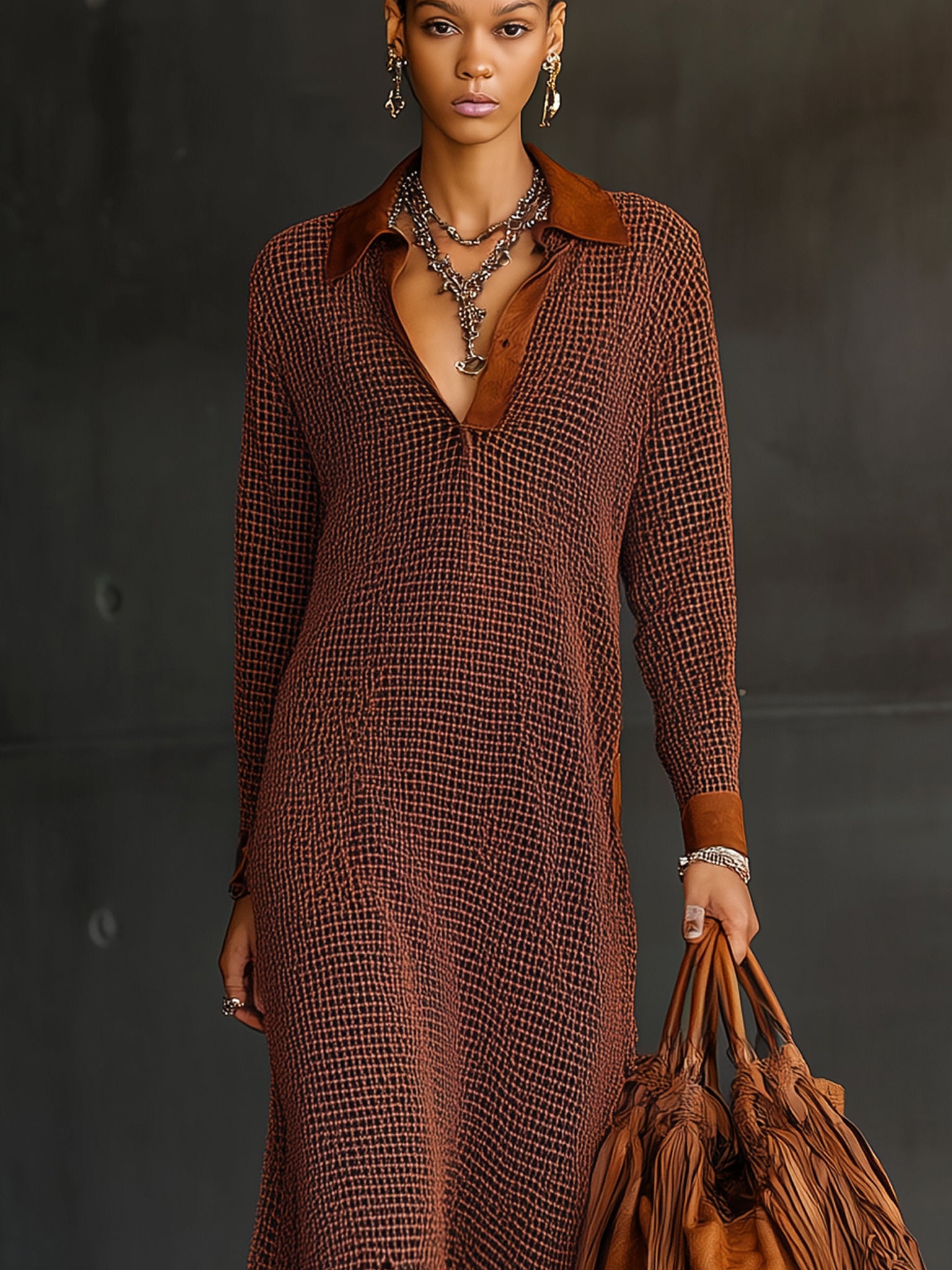 Rust Knit Mesh Suede Fringe Collar Long Sleeve Maxi Dress
