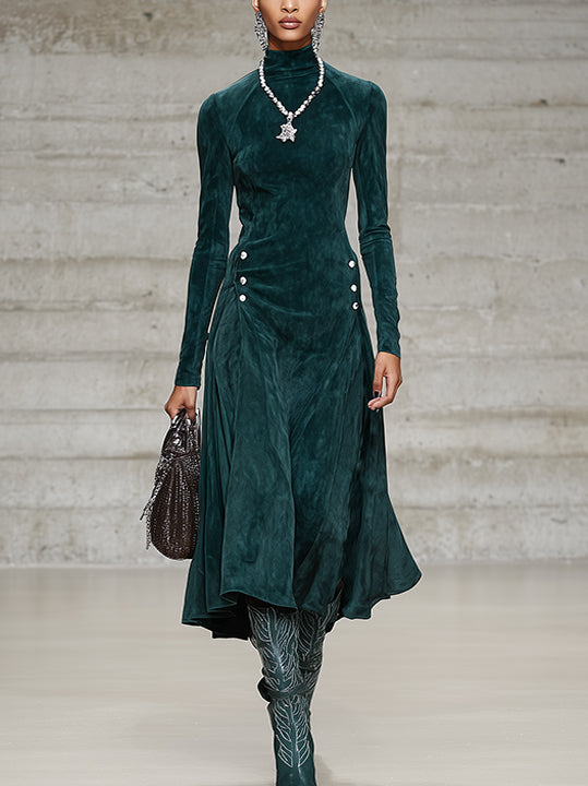 Green Faux Suede Midi Dress With High Neck And Button Detail