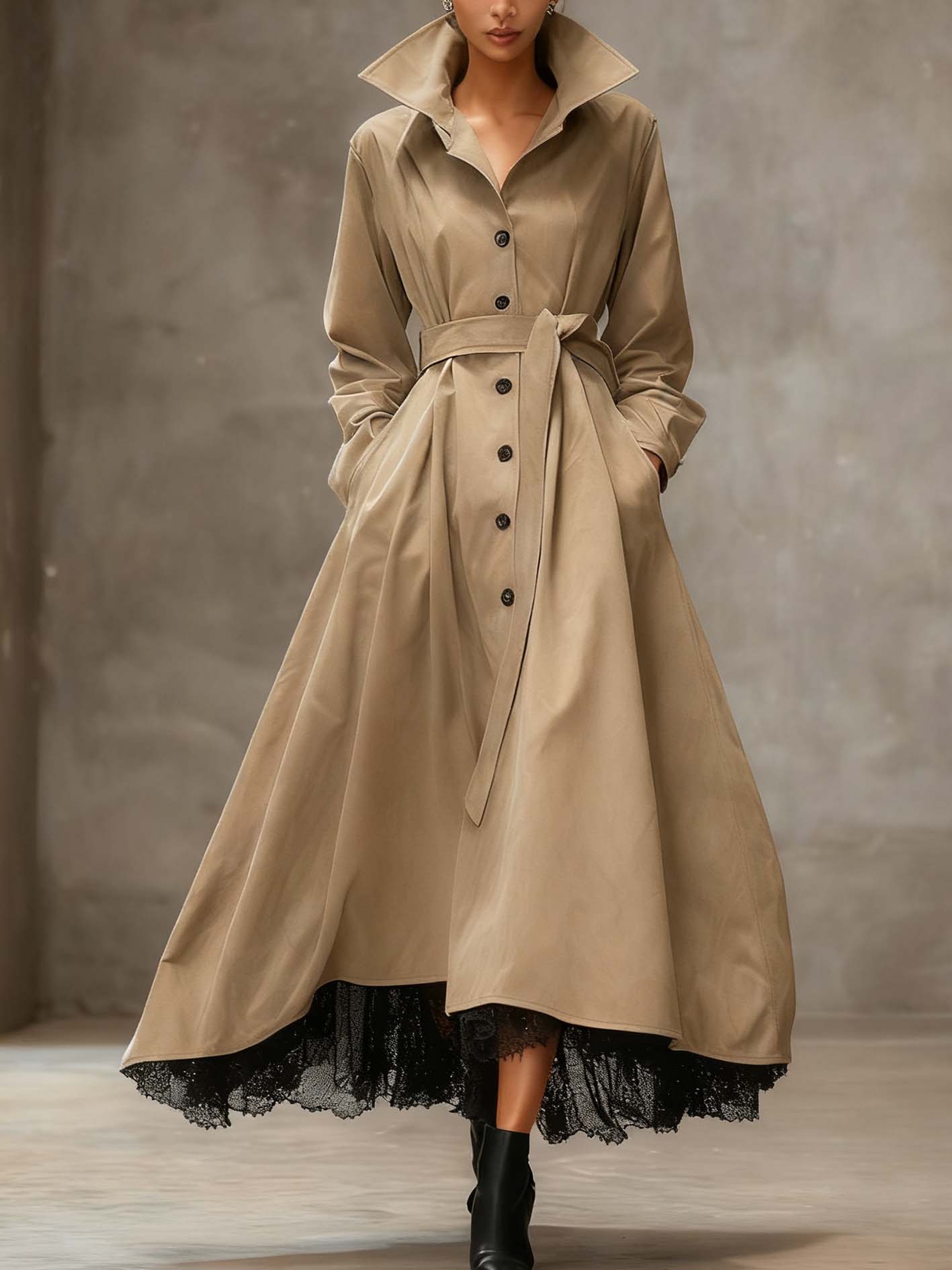Khaki Faux Suede Maxi Dress With Lace And Lapel