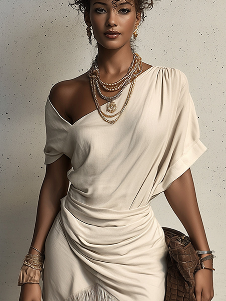 Ivory Linen Blend Short Sleeve Tassel Mini Dress