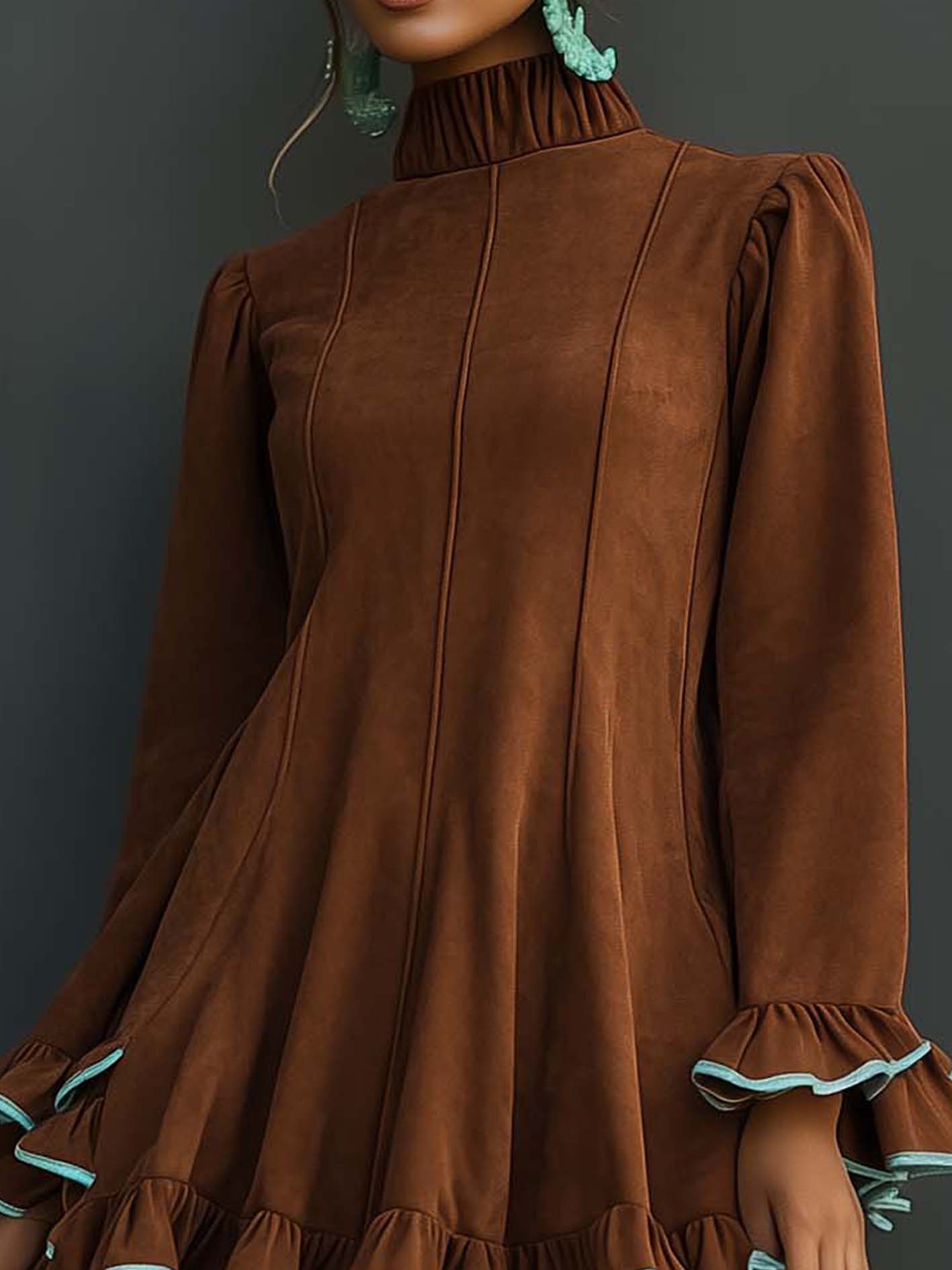 Brown Faux Suede Mini Dress With Mint Green Hem