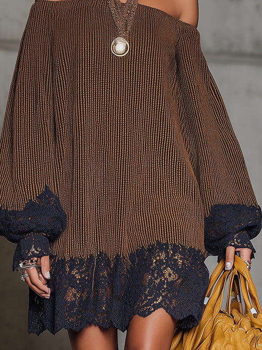 Brown Off-Shoulder Mini Dress With Navy Lace Trim And Balloon Sleeves