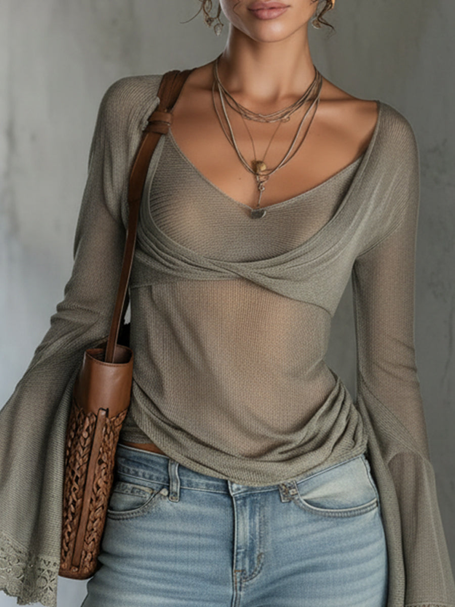 Green Sheer Knit Top With Lace Cuff Sleeves