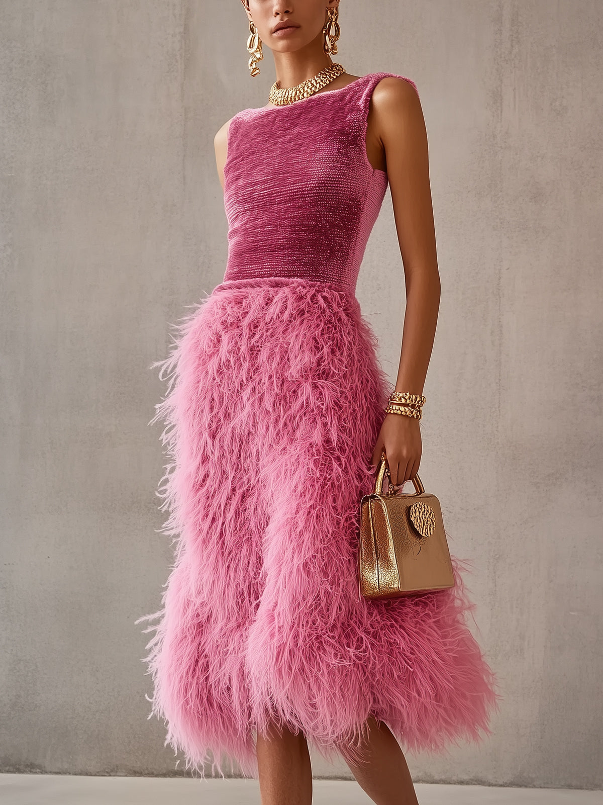 Purple Velvet Feather Waisted Boat Neck Sleeveless Midi Dress