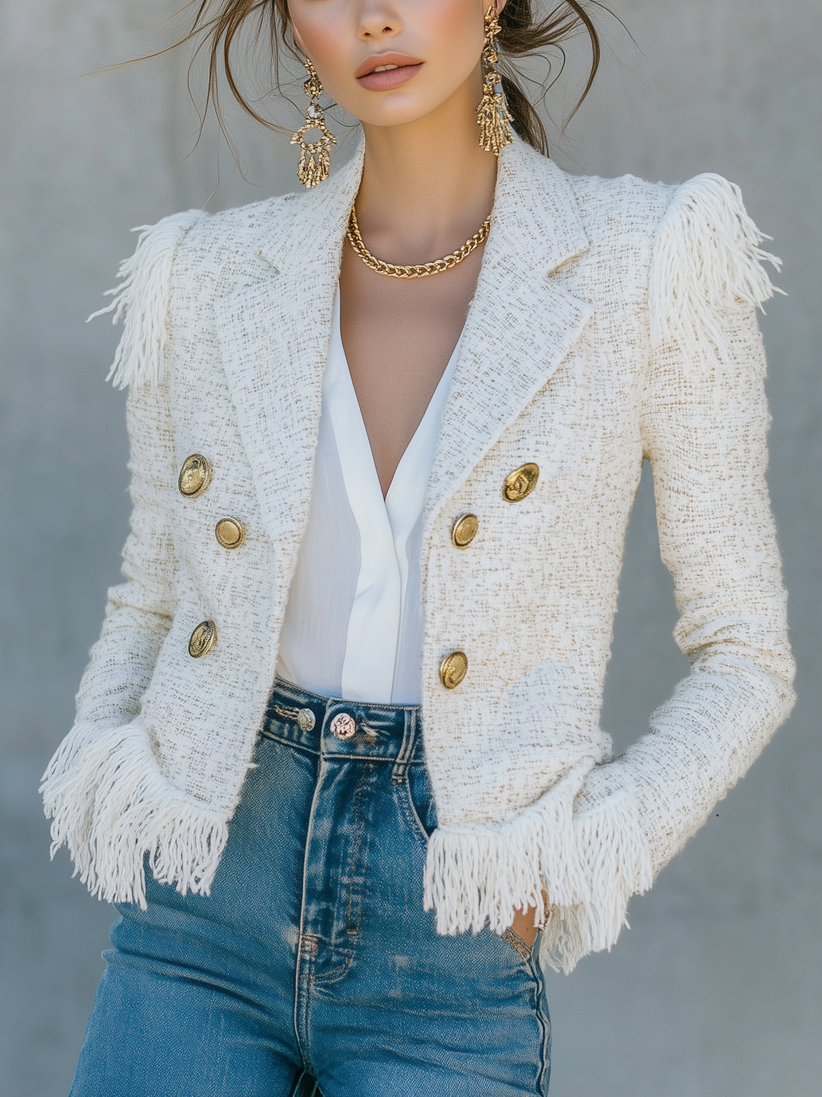 White Tweed Fringe Trimmed Double Breasted Blazer