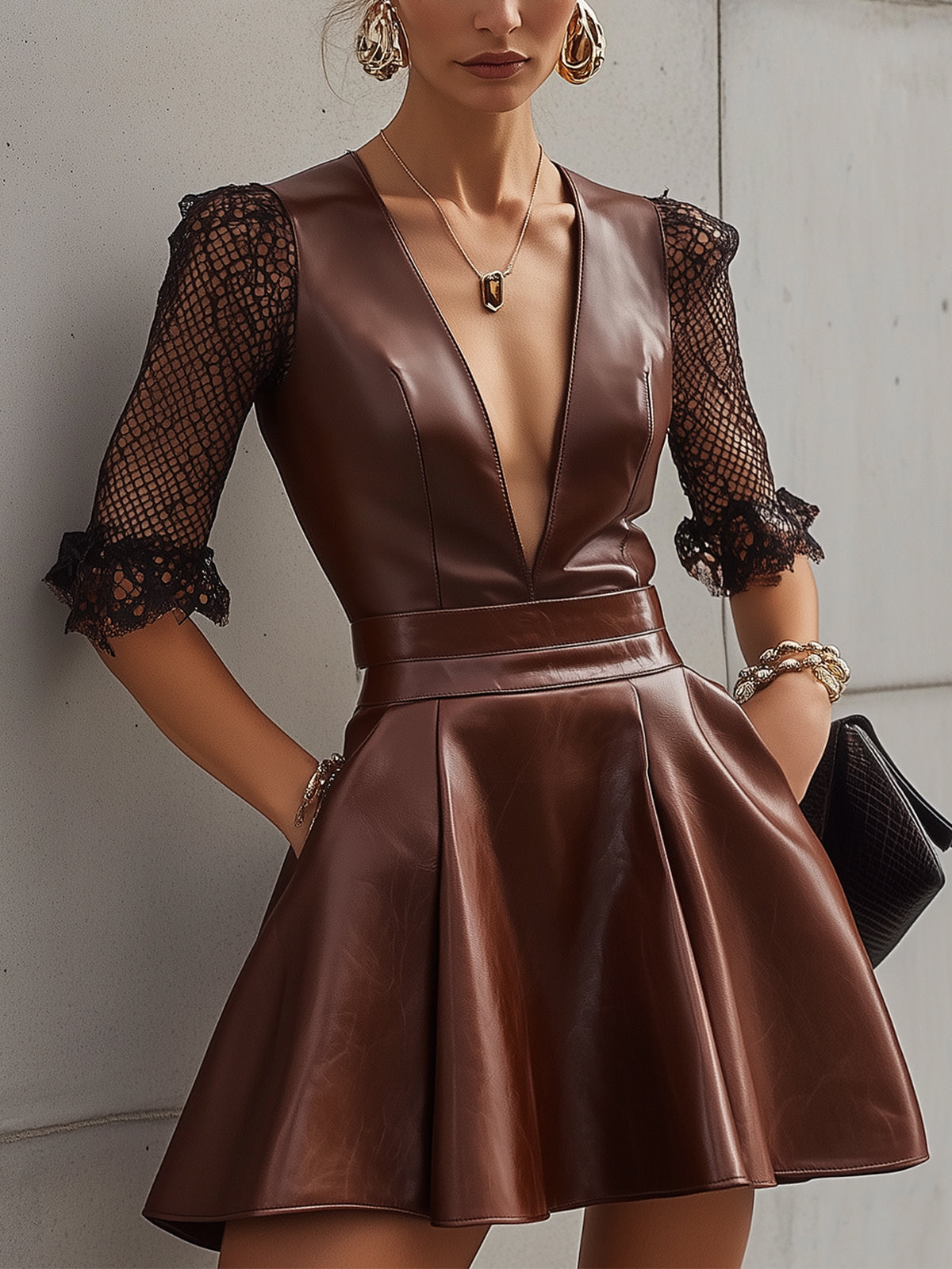 Chocolate Brown Faux Leather V-Neck Mini Dress With Lace Sleeves