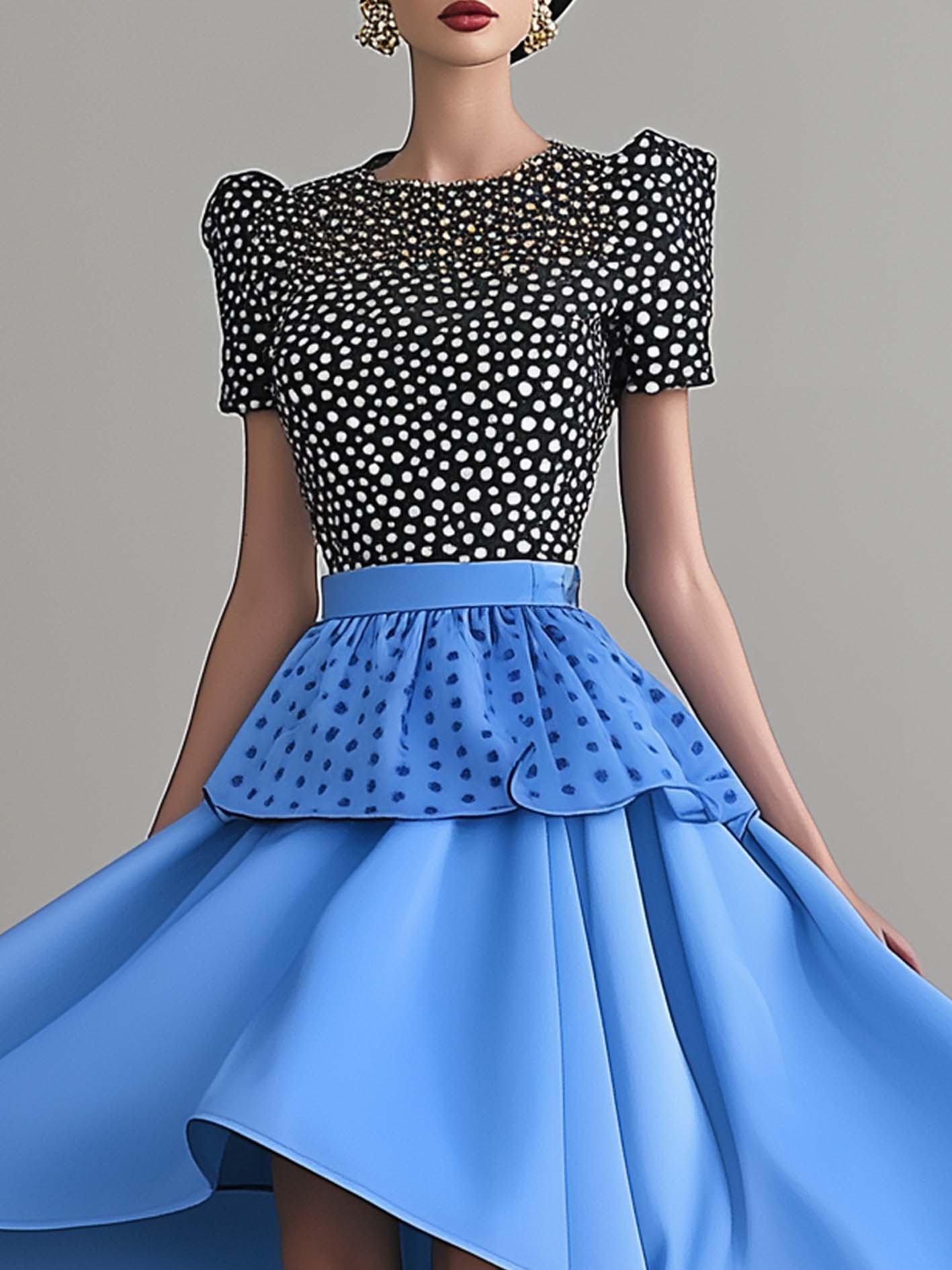 Polka Dot Satin Blue Midi Dress