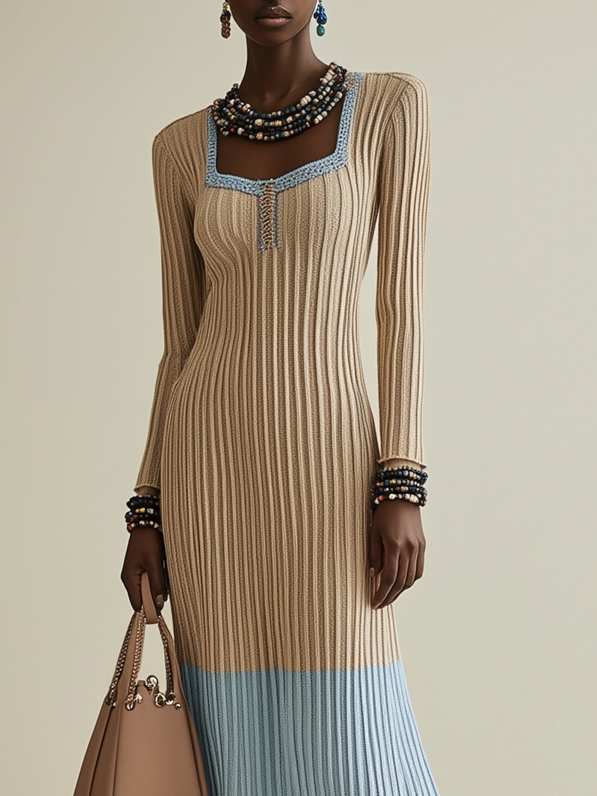 Colorblock Ribbed Maxi Dress With Fringe Hem And Square Neckline