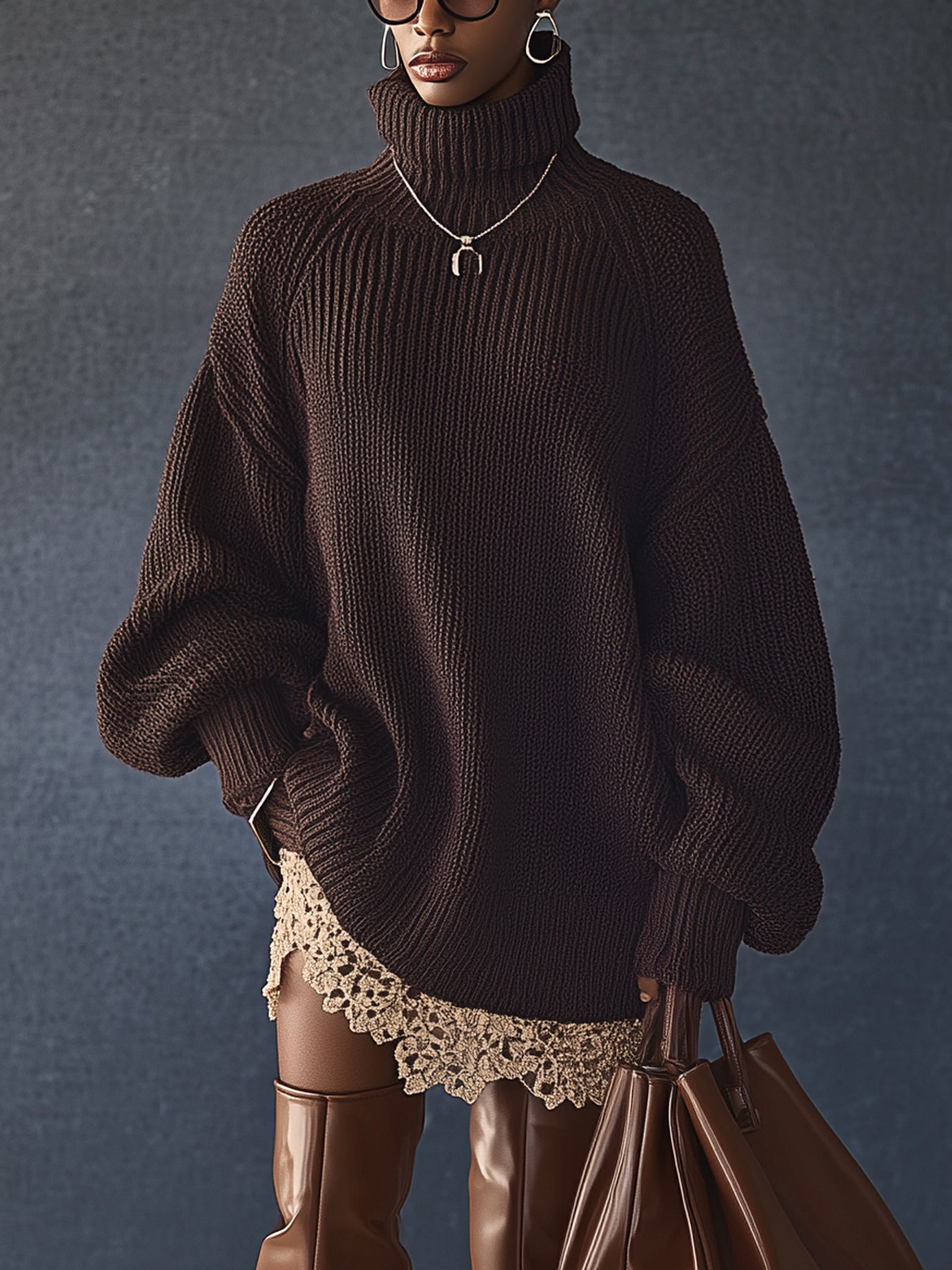 Chocolate Oversized Knit Turtleneck Long Sleeve Mini Dress With Lace Trim