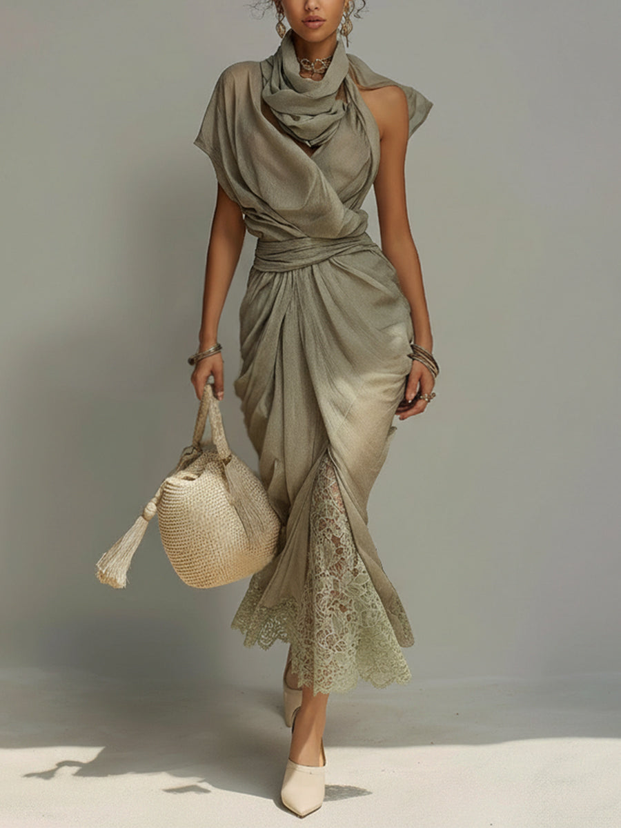 Green Asymmetric Scarf Collar Chiffon Lace Maxi Dress
