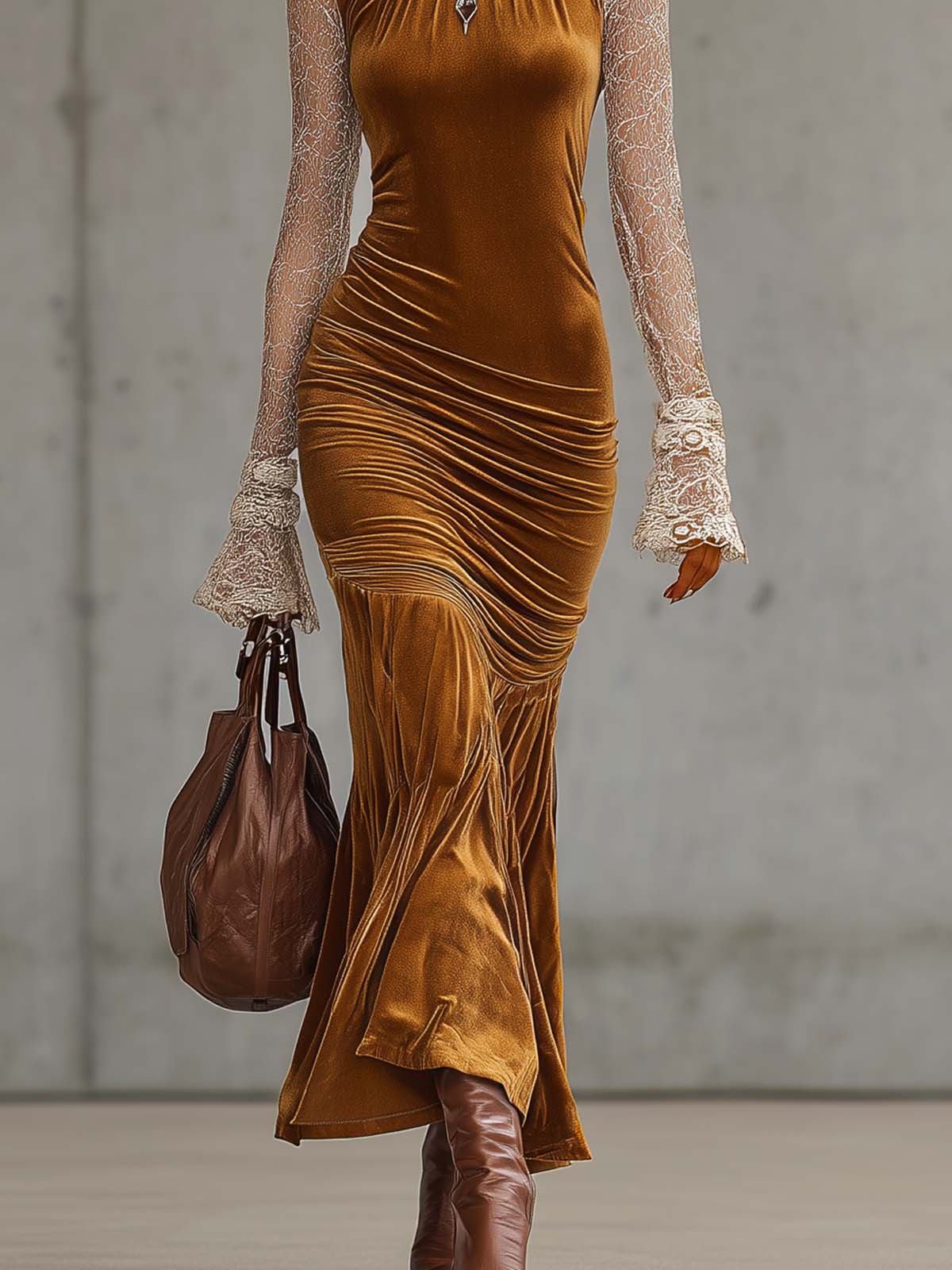 Gold Velvet Lace Long Sleeved High Neck Maxi Dress