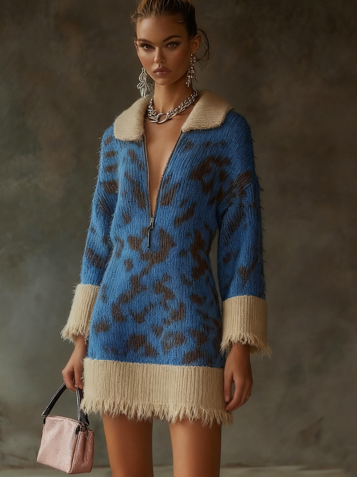 Blue Leopard Print Knit Dress With Beige Trim And Zip Neckline