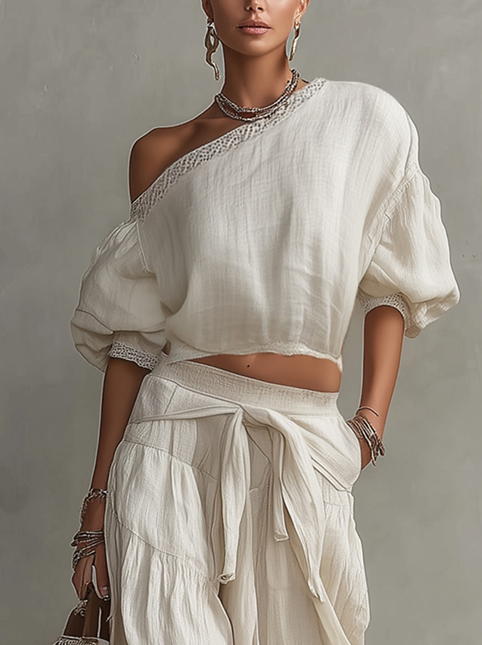 Ivory One-Shoulder Lace Trim Crop Top And Tiered Maxi Skirt Linen Set