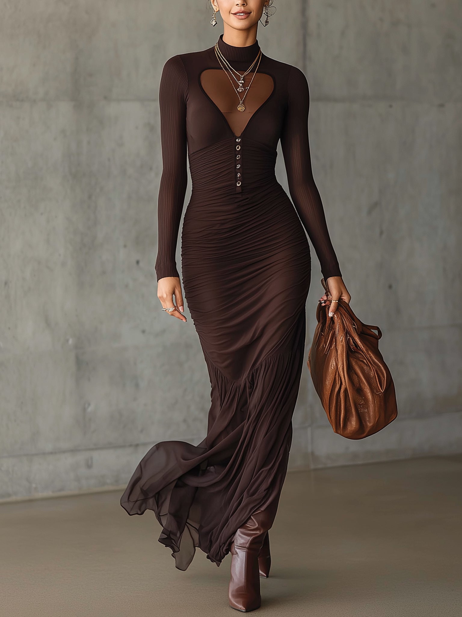 Chocolate Knit Bodycon Mermaid Dress With Chiffon Hem