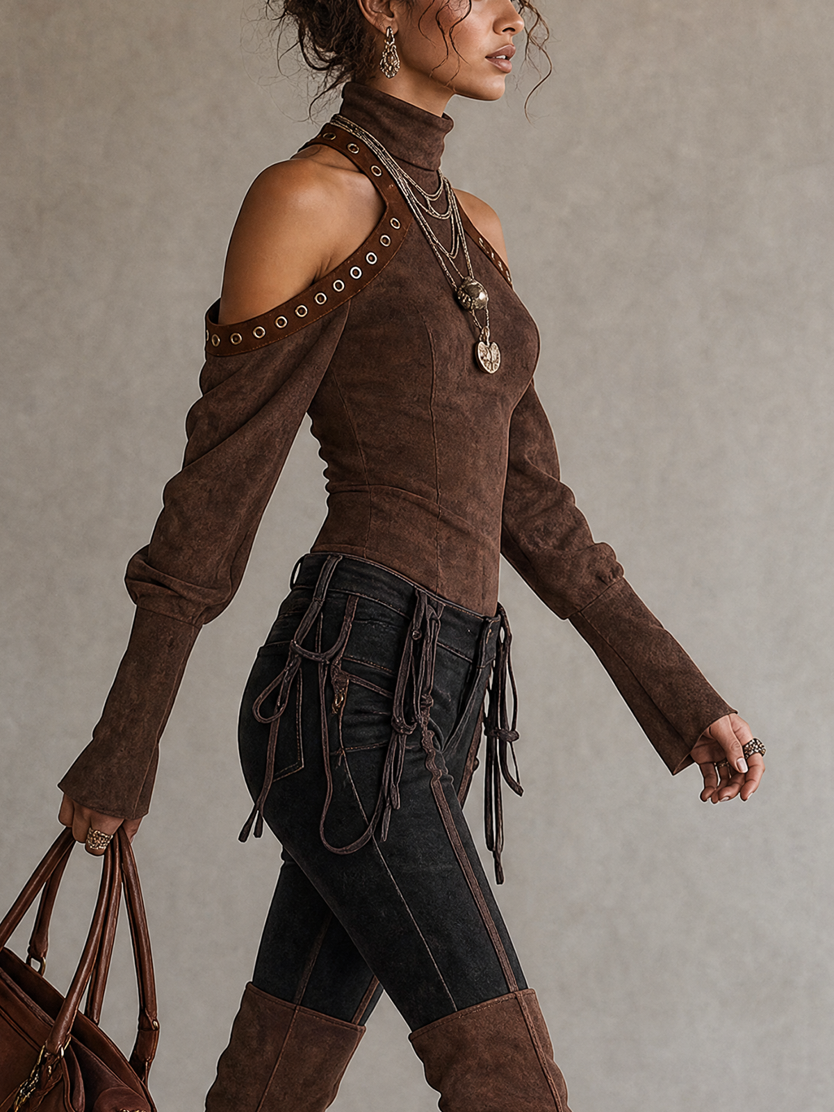 Brown Faux Suede Eyelet Cut‑Out Shoulder Long Sleeve Top