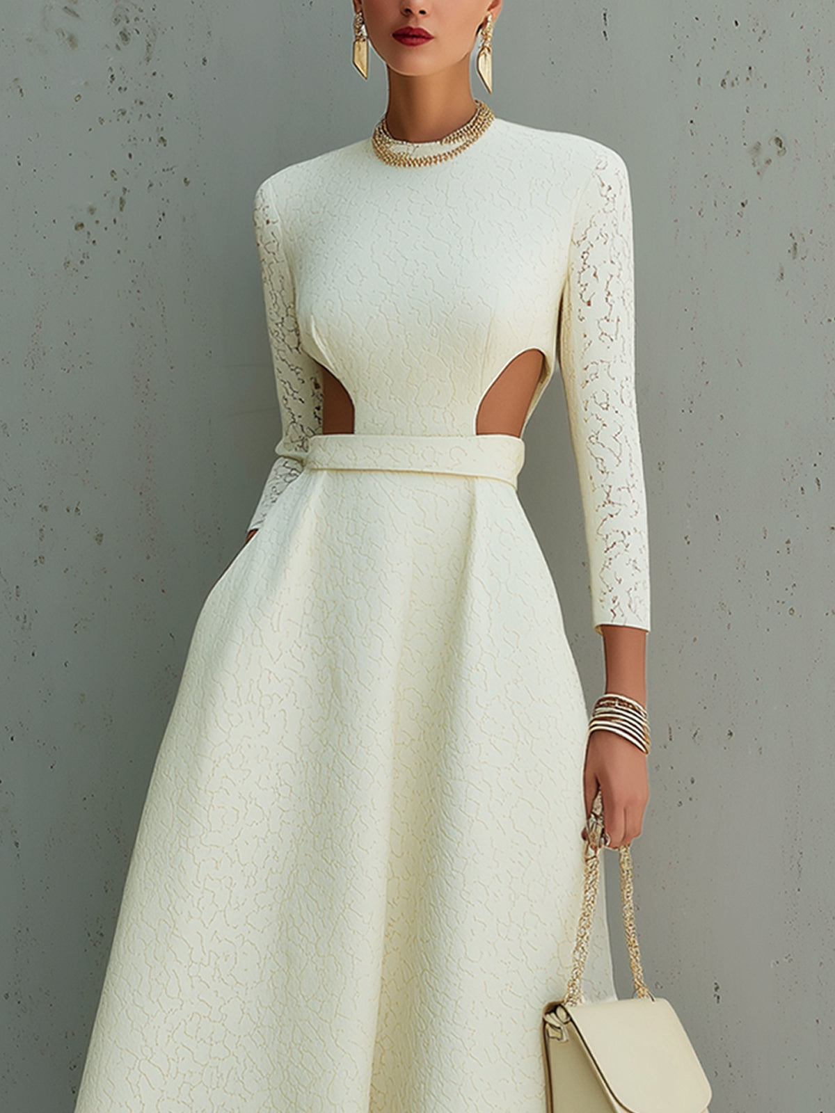 Ivory Textured Cutout Midi Dress With Long Sleeves