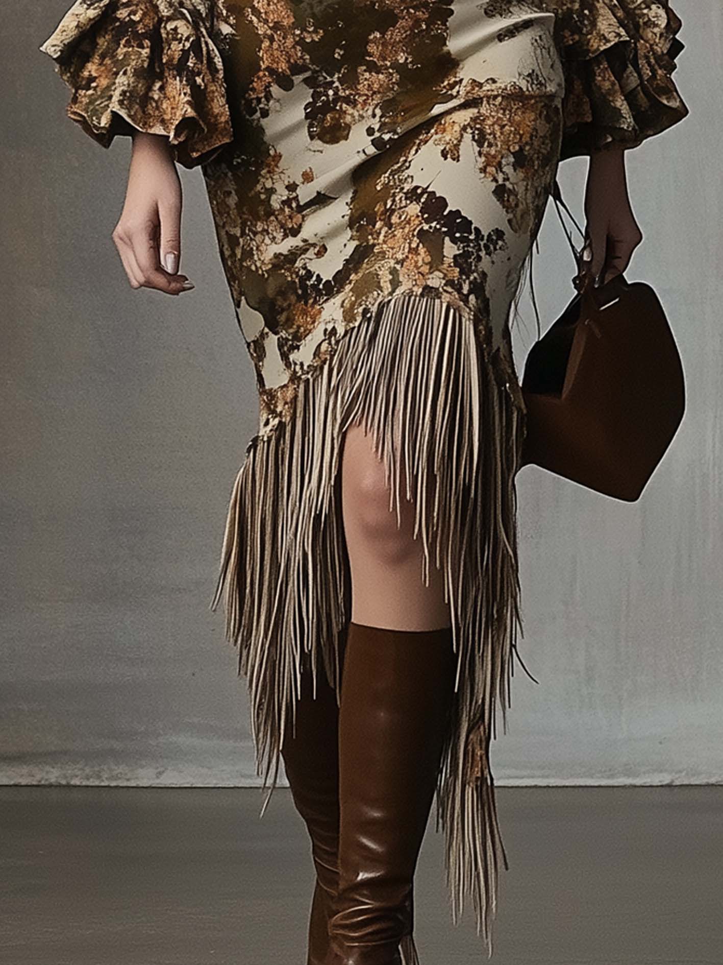 Beige Midi Bodycon Dress With Brown Fashion Camouflage And Tassels