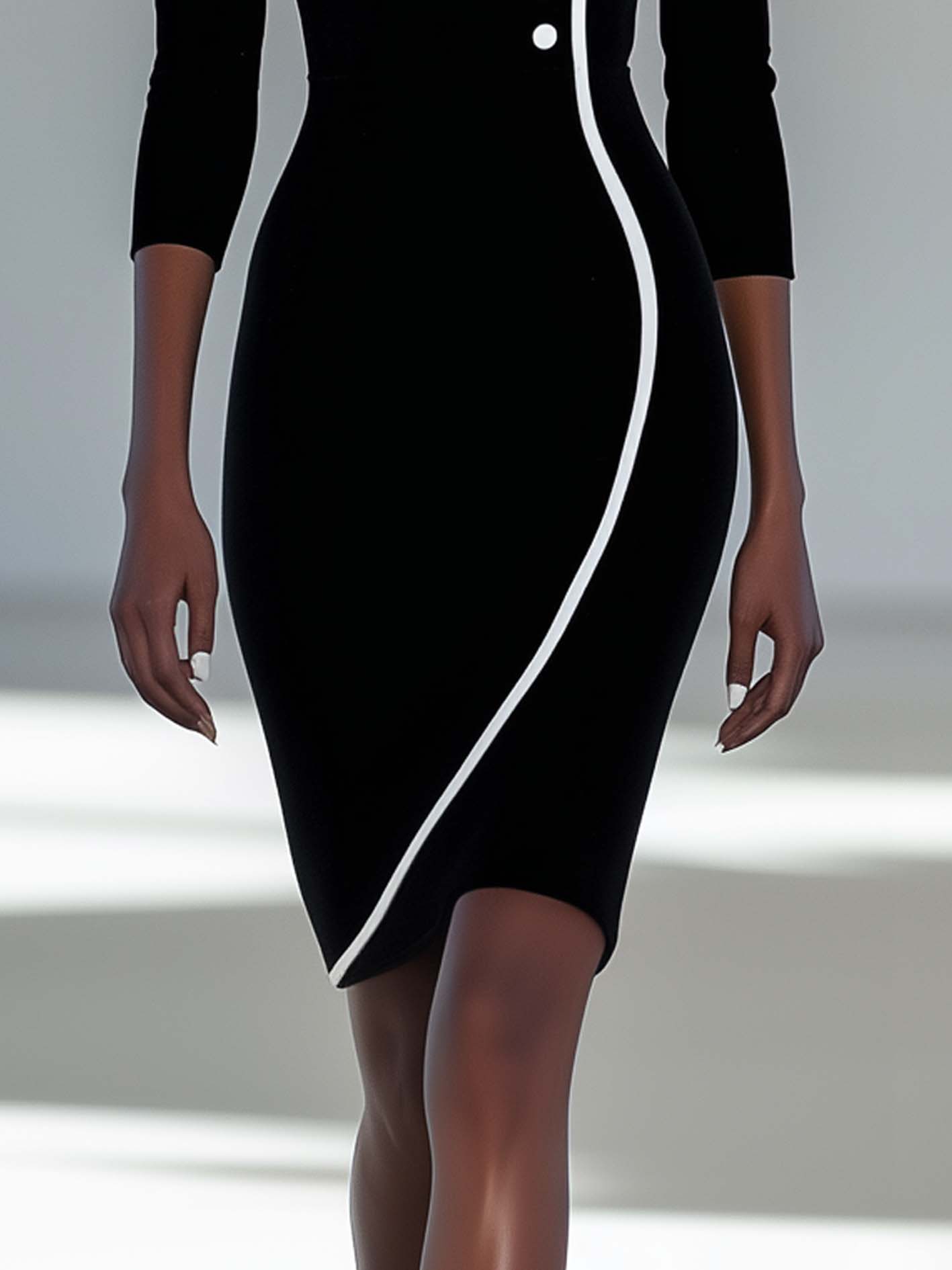 Office Lady Black Midi Bodycon Dress With White Hem