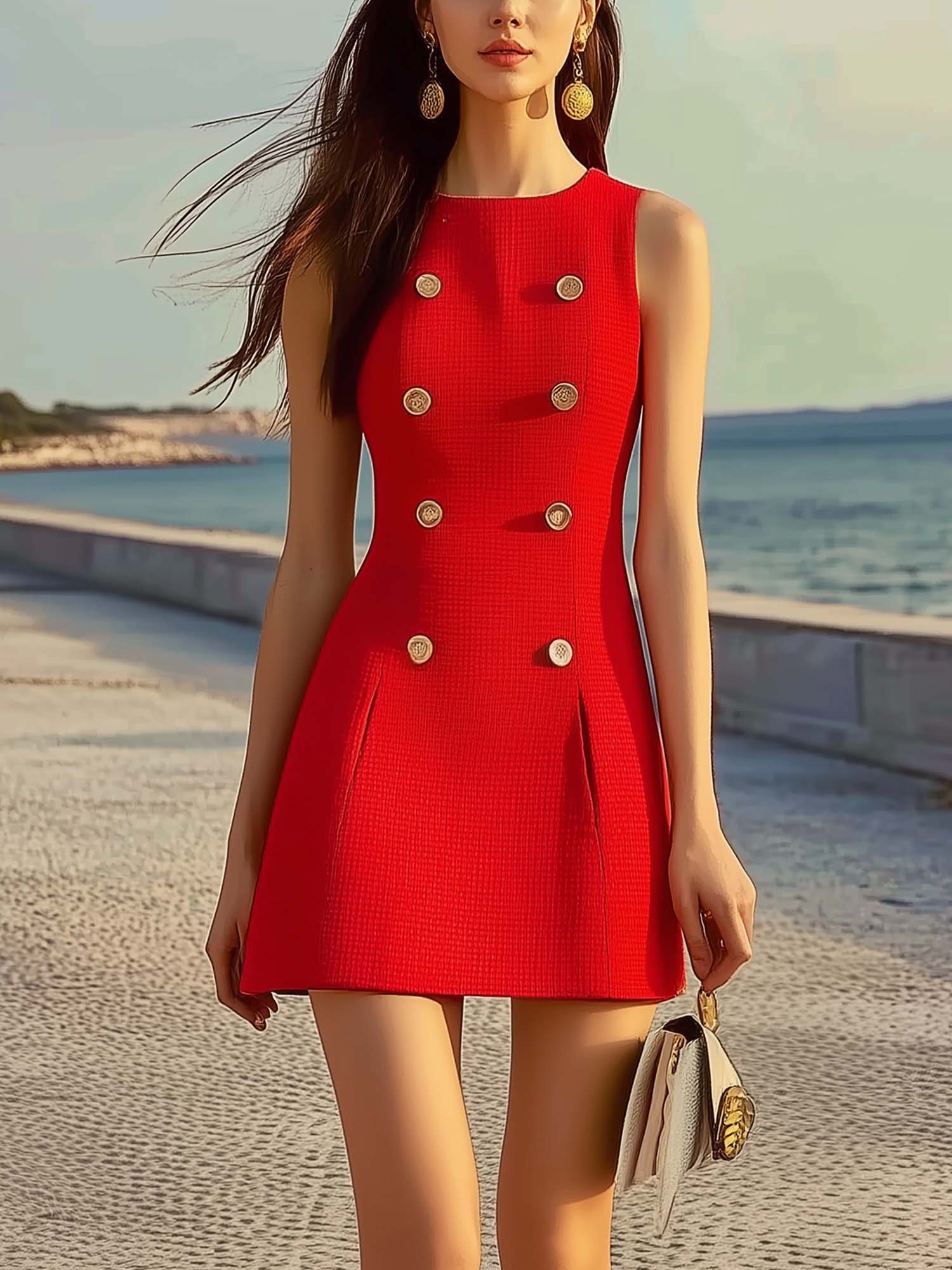 Red Textured Fabric Mini Dress With Double-Breasted Buttons