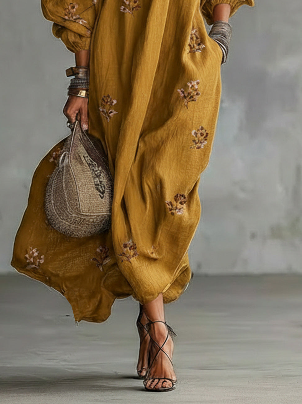 Yellow Off-Shoulder Floral Embroidered Linen Maxi Dress