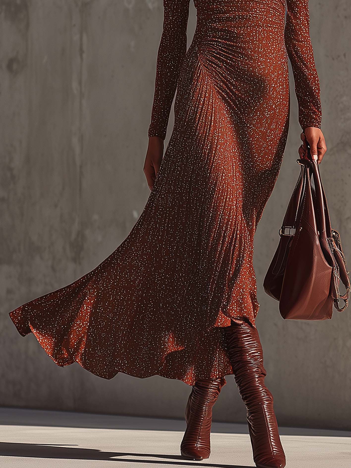 Shimmer Rust Brown Cold Shoulder Bodycon Dress