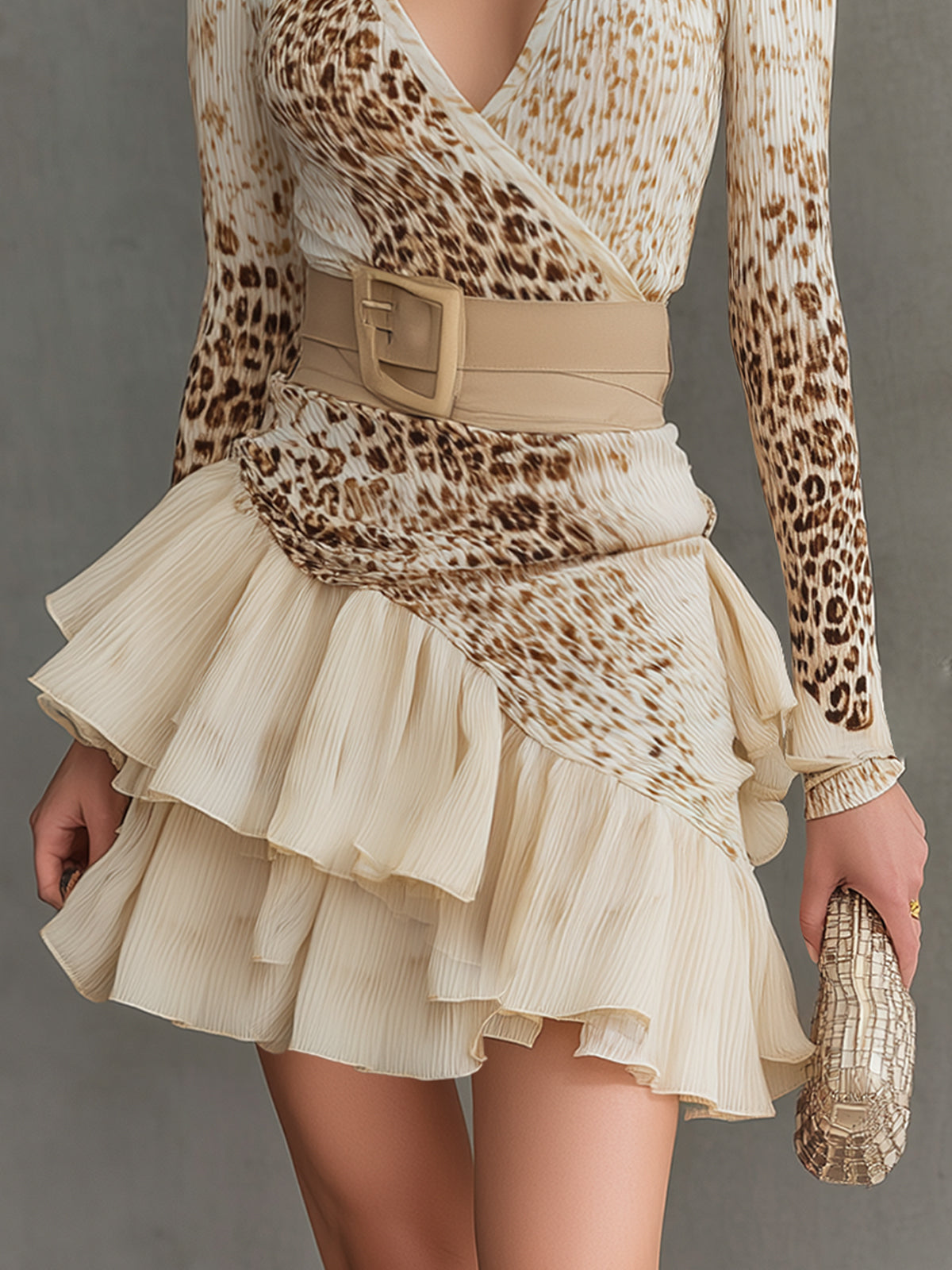 Beige Leopard Print Ruffle Wrap Mini Dress With Belted Waist