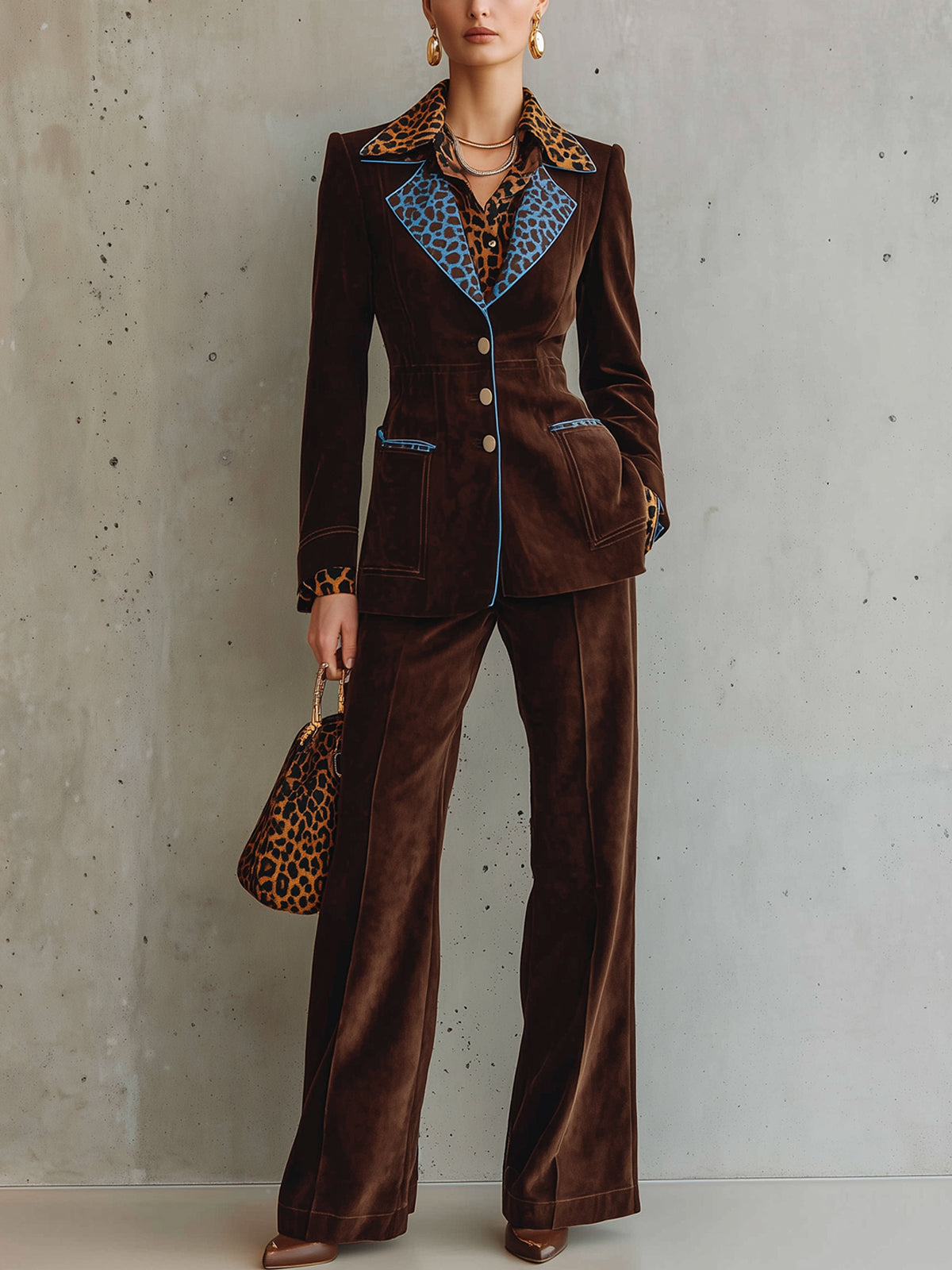 Chocolate Suede Leopard Print Single Breasted Suit