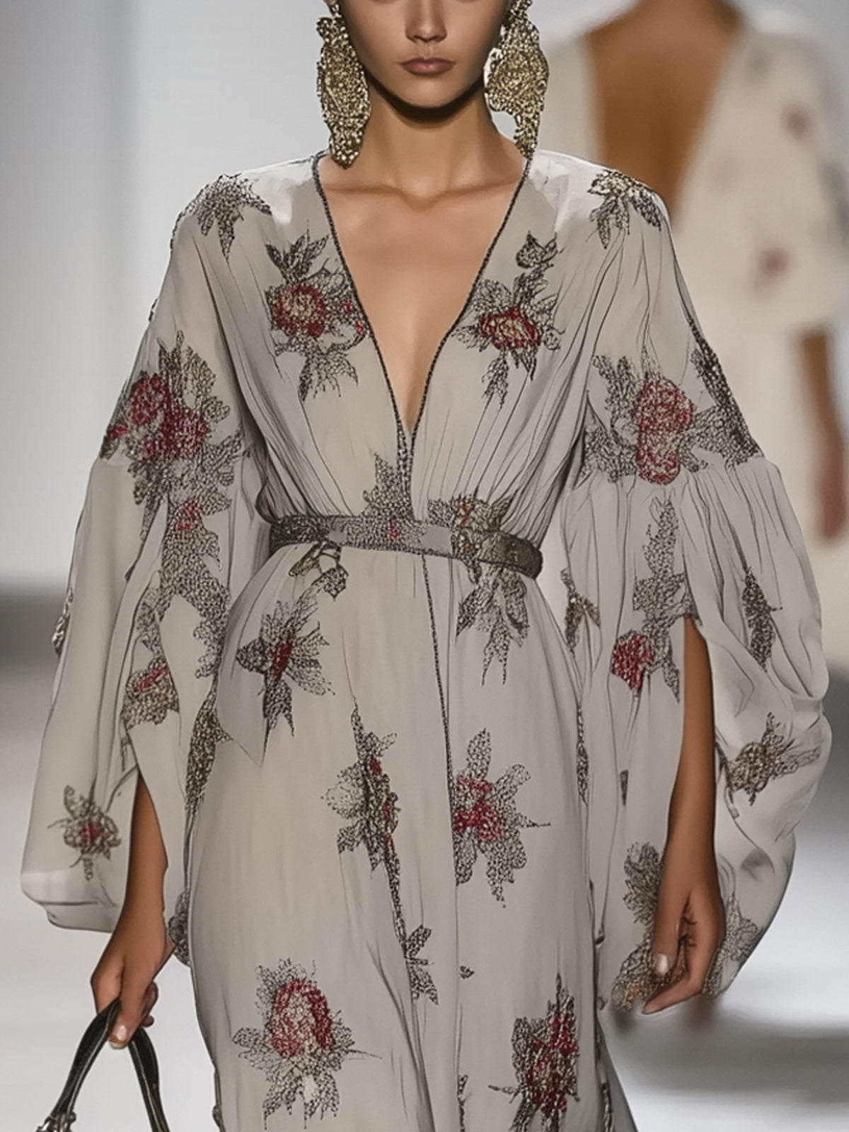 Gray Floral Chiffon Print Belted Deep V-Neck Long Sleeve Maxi Dress