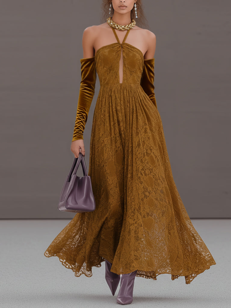 Coffee Lace Halter Maxi Dress With Velvet Sleeves