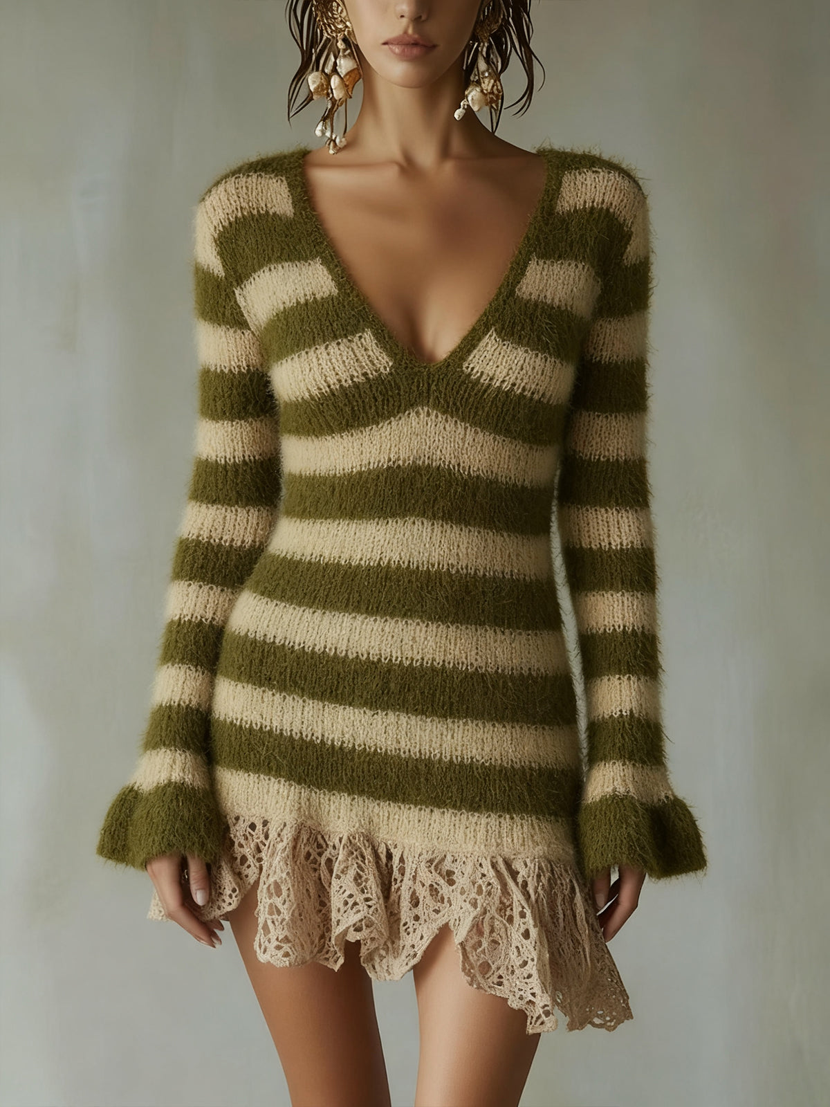 Green And Beige Striped Knit Dress With Lace Hem