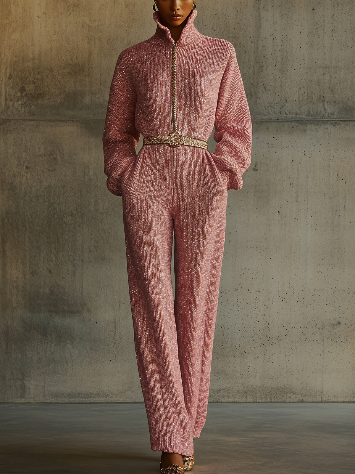 Pink Sparkling Zip-Up Turtleneck Jumpsuit