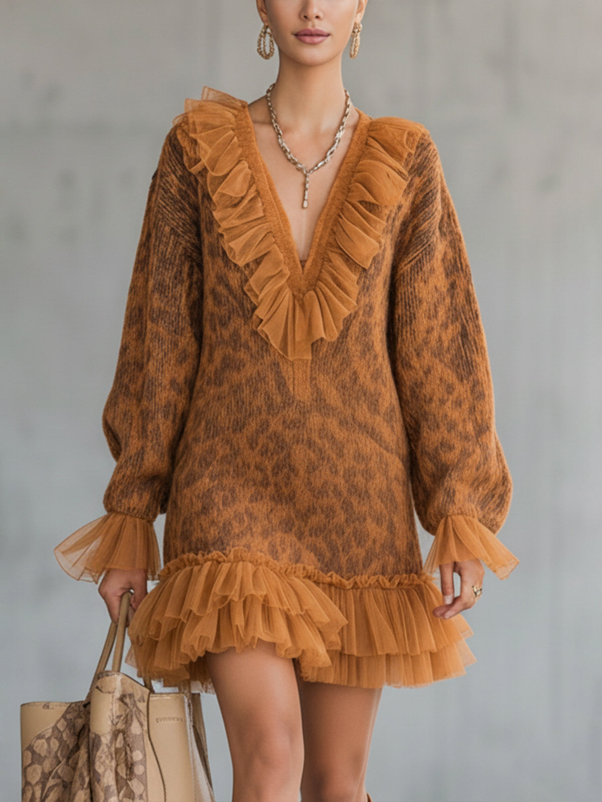 Orange Leopard Knit Mini Dress With Tulle Ruffle Trim