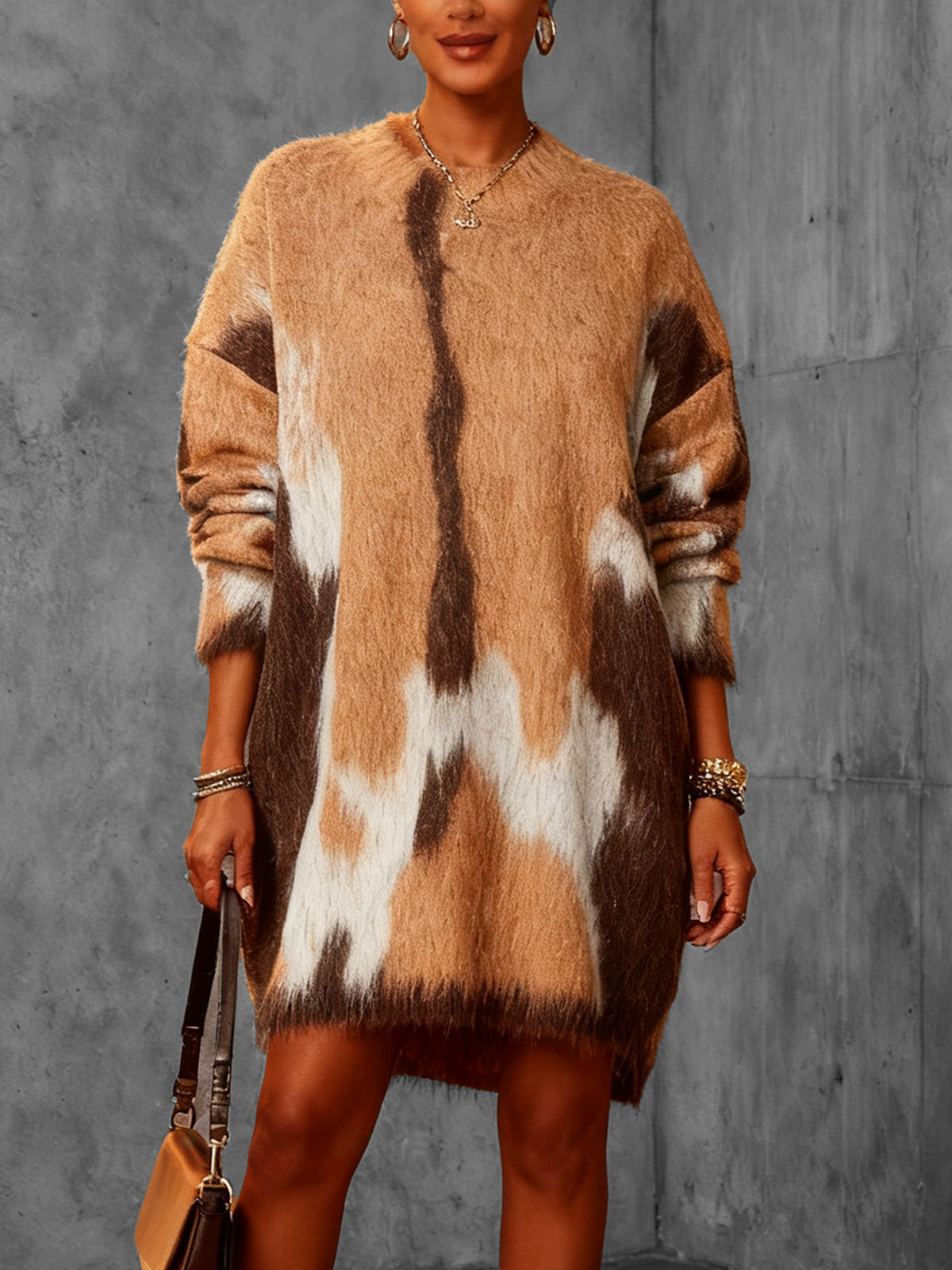 Brown Fuzzy Animal Print Knit Sweater Dress