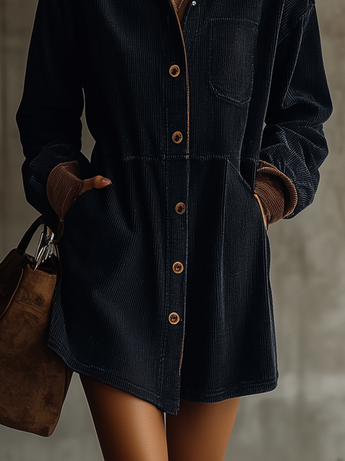 Navy Corduroy Shirt Dress With Contrast Collar And Cuffs