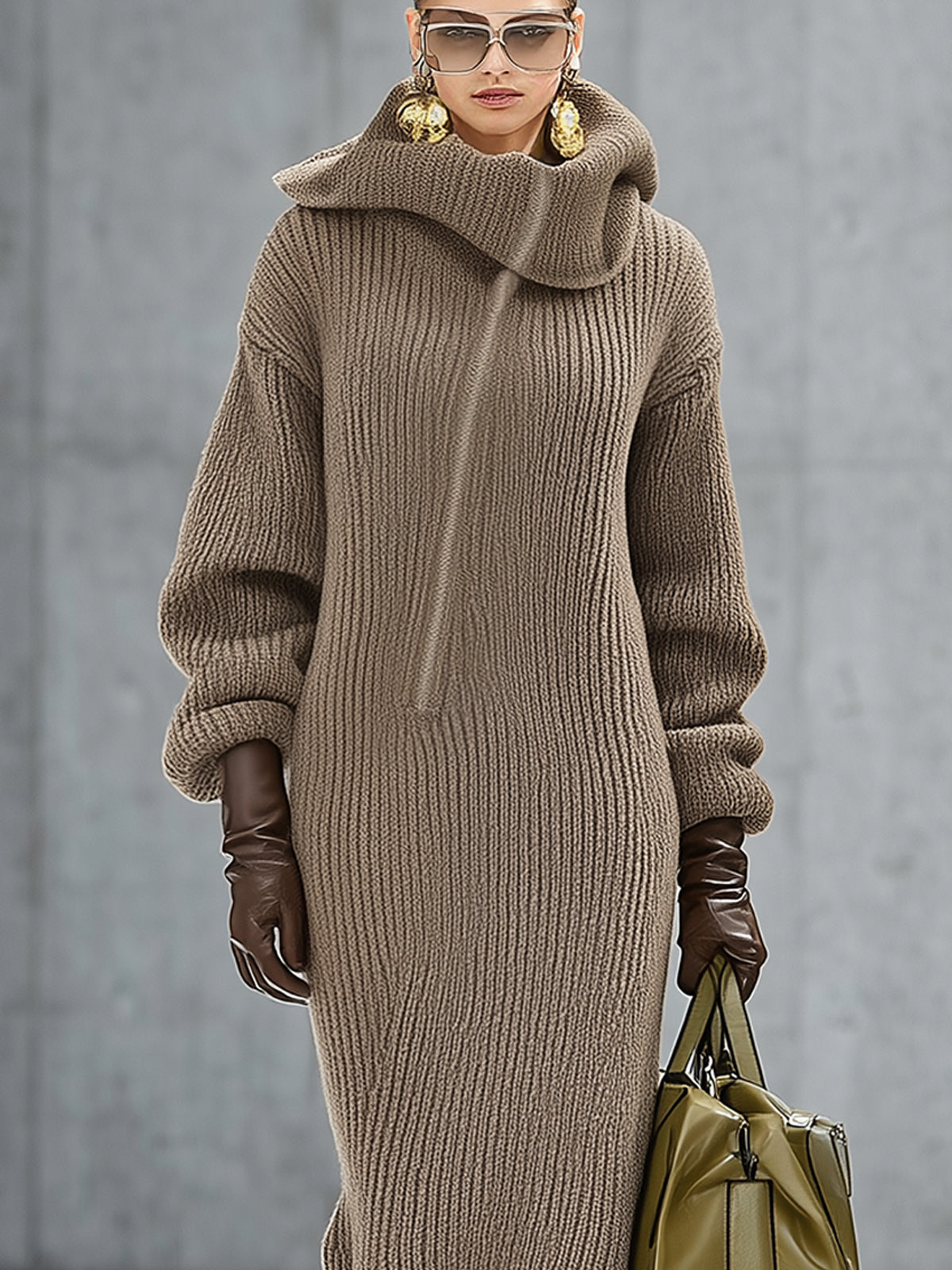 Taupe Asymmetrical Zippered Turtleneck Ribbed Knit Maxi Dress