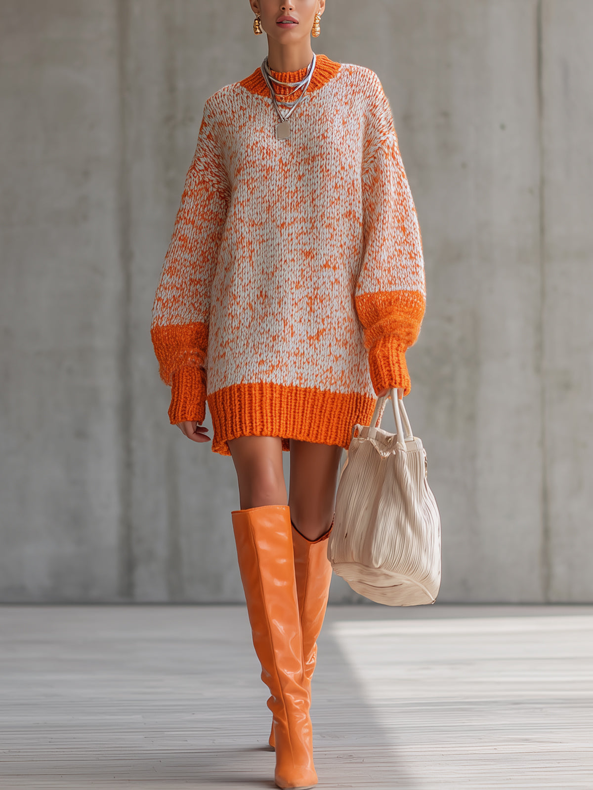Orange And Cream Chunky Knit Oversized Sweater Dress