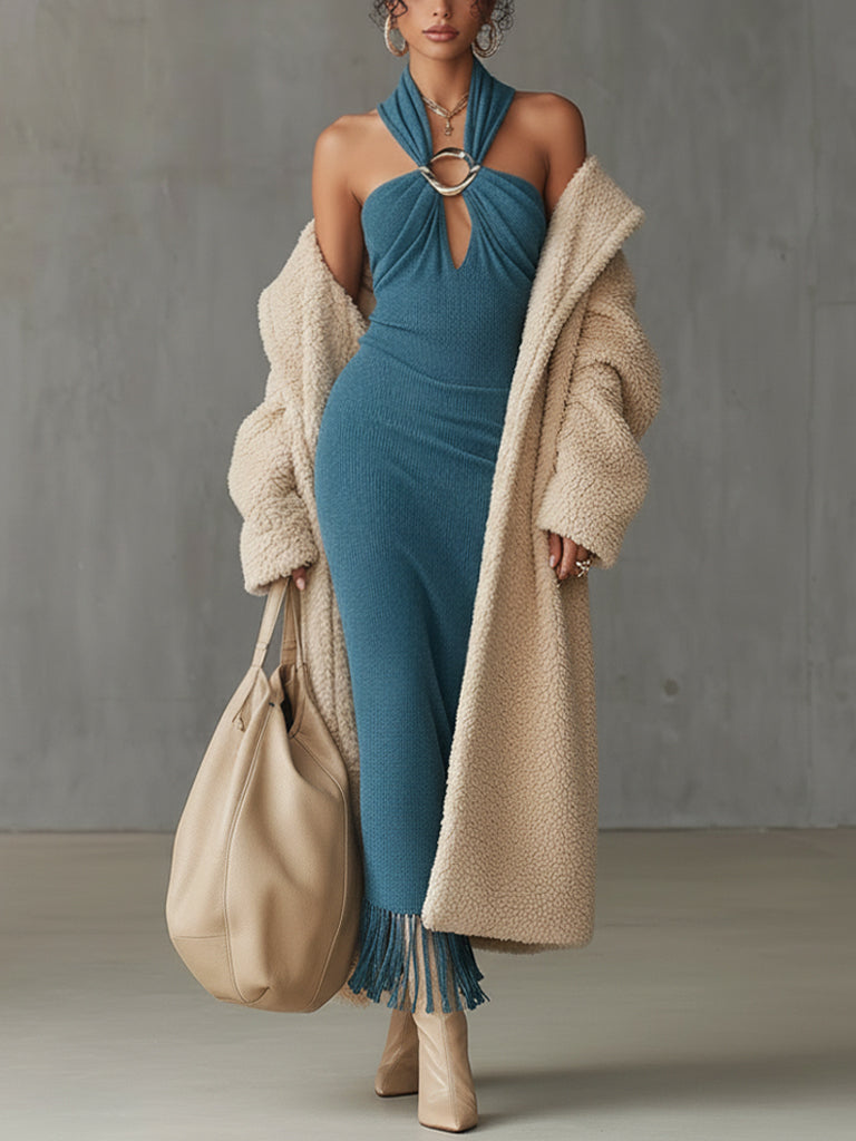 Blue Sleeveless Knit Cutout Bodycon Dress With Fringe Hem