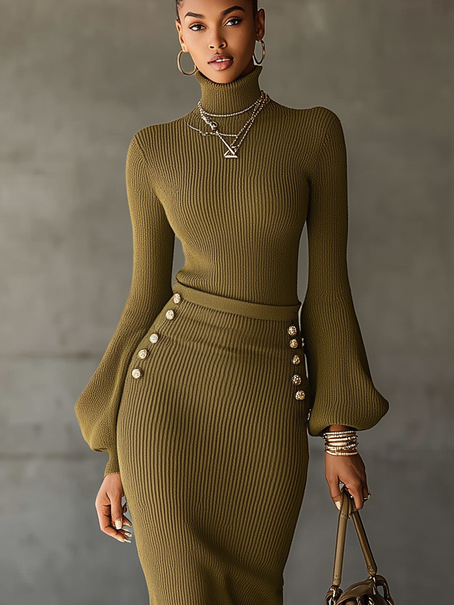 Olive Green Lantern Sleeve Knit Dress With Vintage Gold Buttons