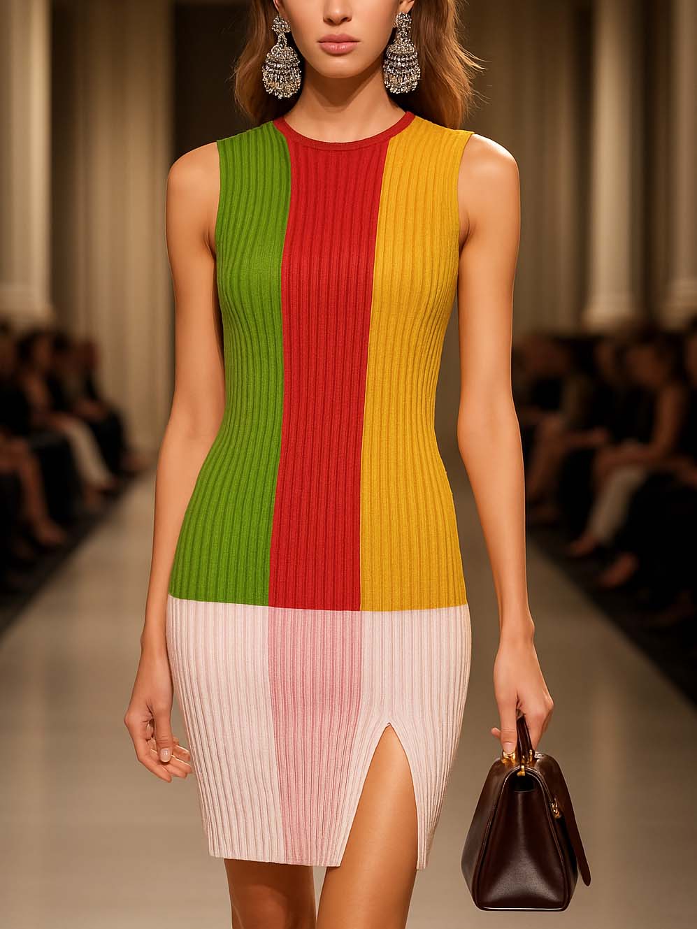 Colorful Block Stitching Sleeveless Midi Knit Dress